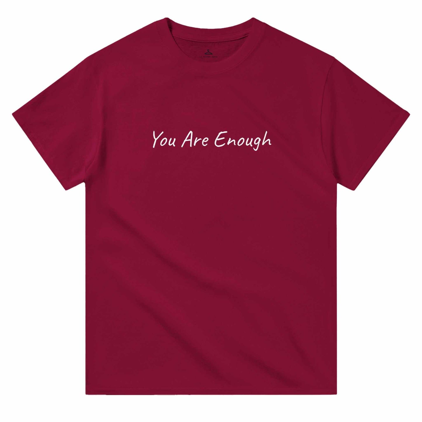 "You Are Enough" women's crewneck t-shirt in burgundy with classic fit and durable cotton fabric.