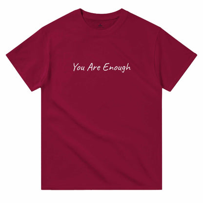 "You Are Enough" women's crewneck t-shirt in burgundy with classic fit and durable cotton fabric.