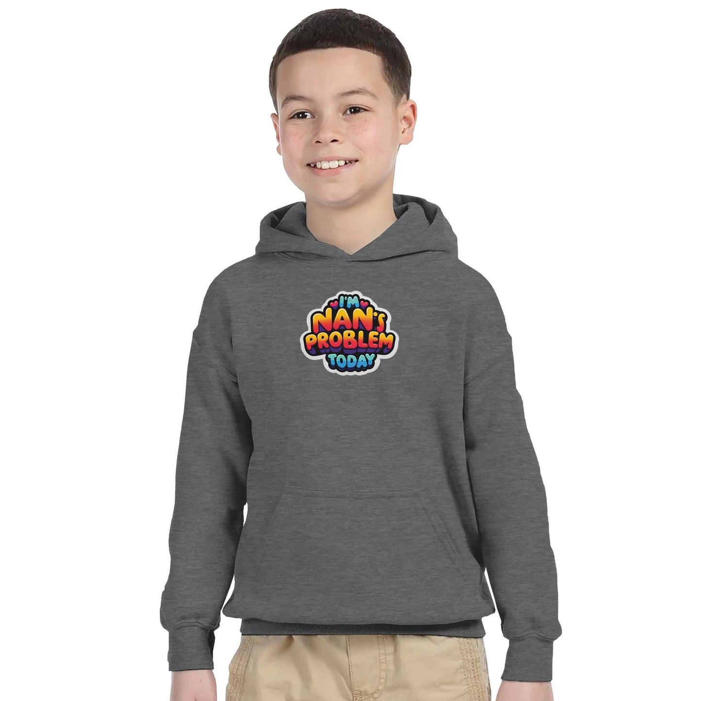 Kids wearing "I'm Nan's Problem Today" pullover hoodie, casual style, dark grey, front view.