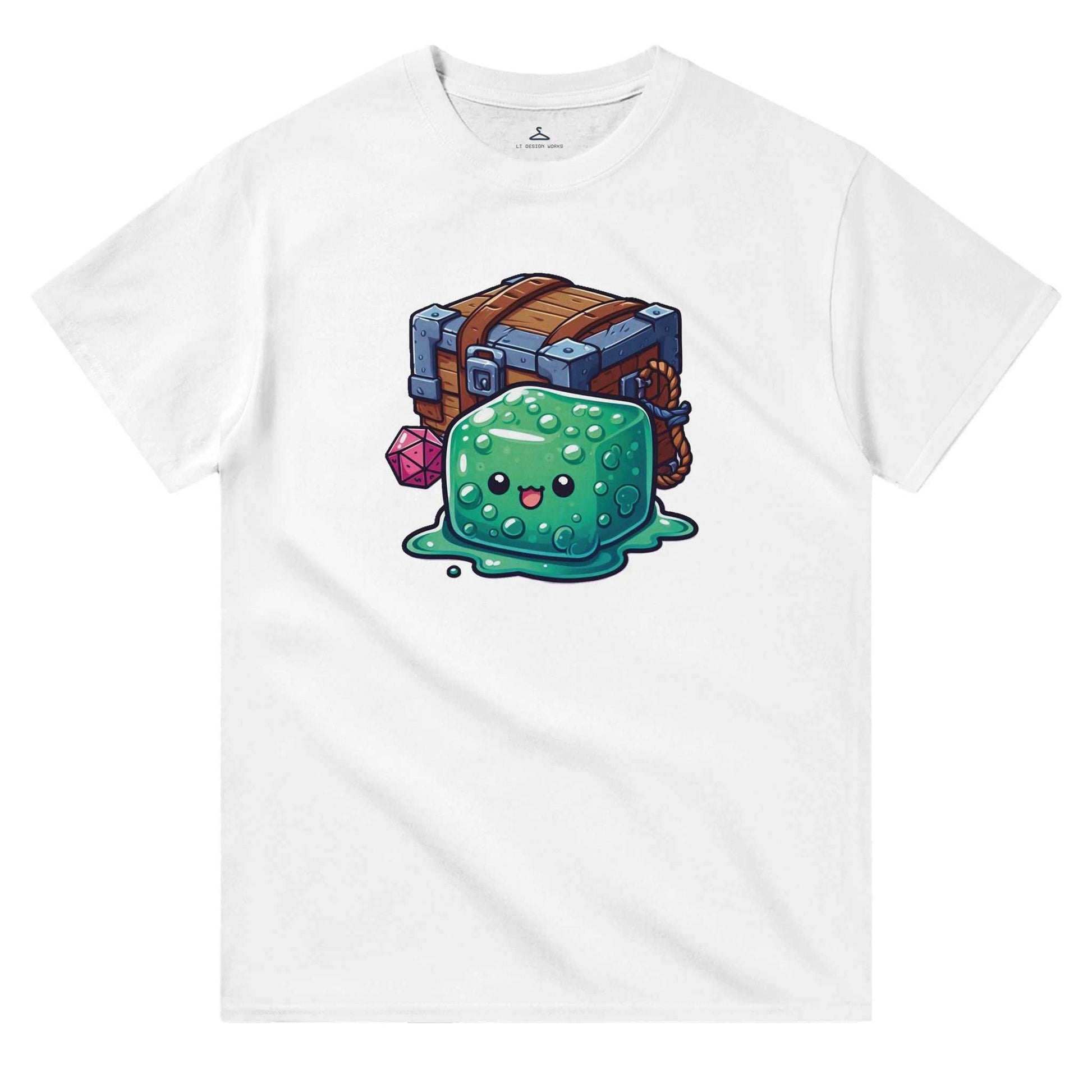 Women's crewneck t-shirt featuring a cute gelatinous cube and mimic design, made from 100% cotton for durability and comfort.