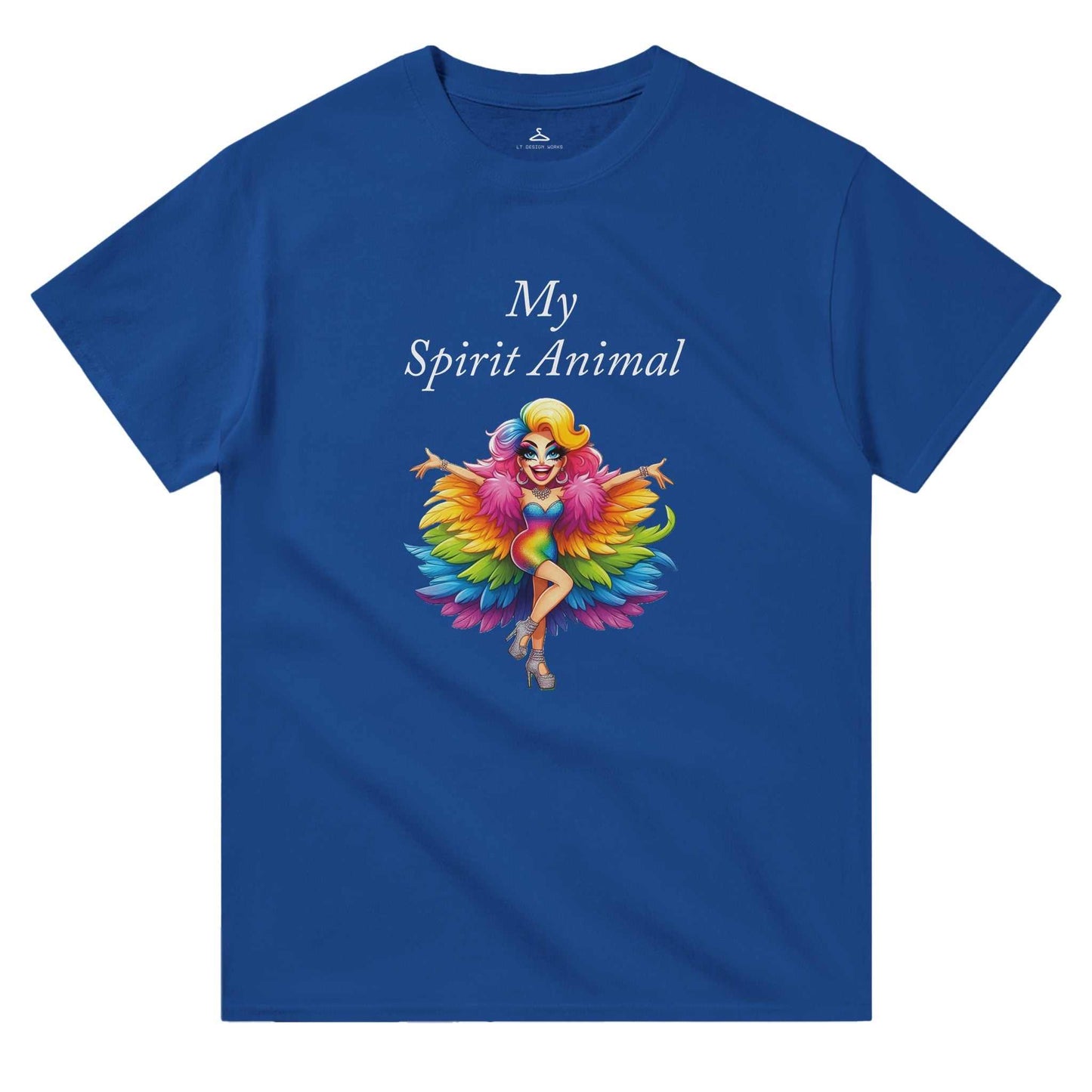 Blue women's crewneck t-shirt with "My Spirit Animal" text and colorful animal-inspired design.