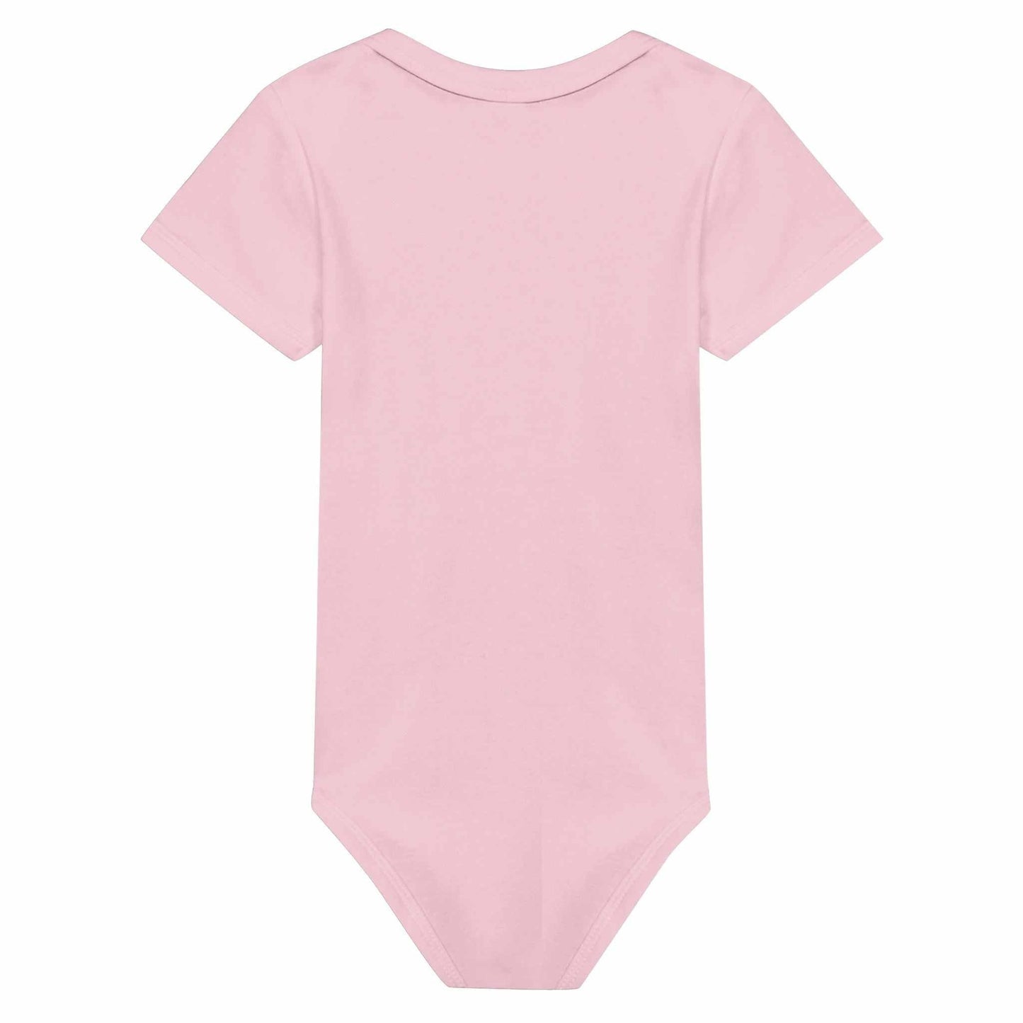 Pink baby short sleeve bodysuit, cotton, crewneck, back view.