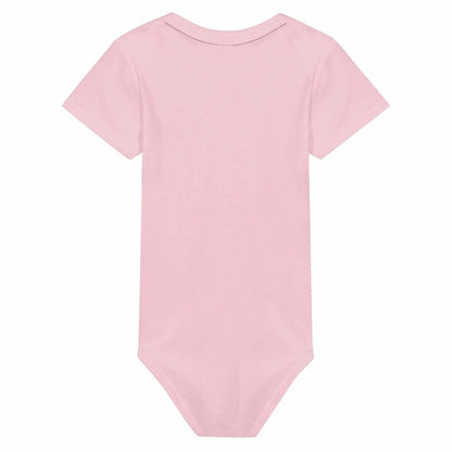 Pink baby short sleeve bodysuit, cotton, crewneck, back view.