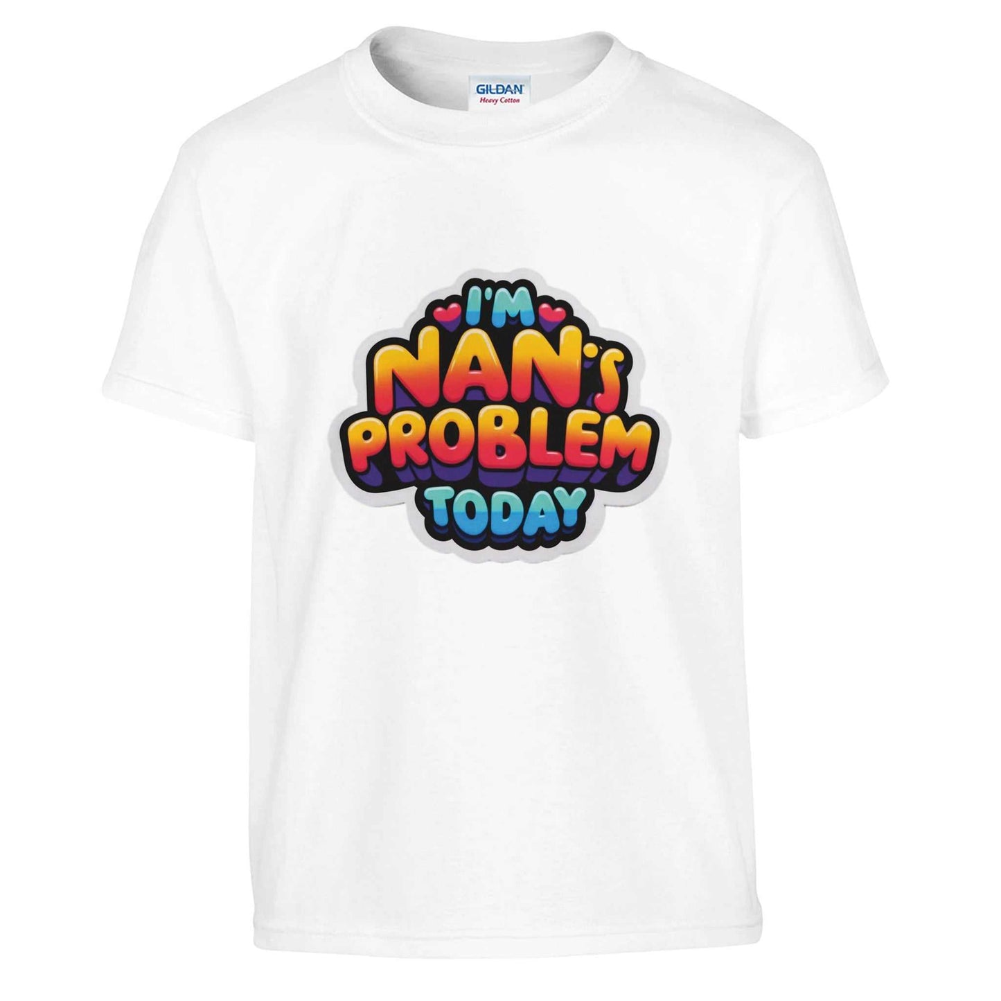 I'm Nan's Problem Today Kids Crewneck T-shirt featuring colorful text design, soft heavyweight fabric, and durable double-stitching.