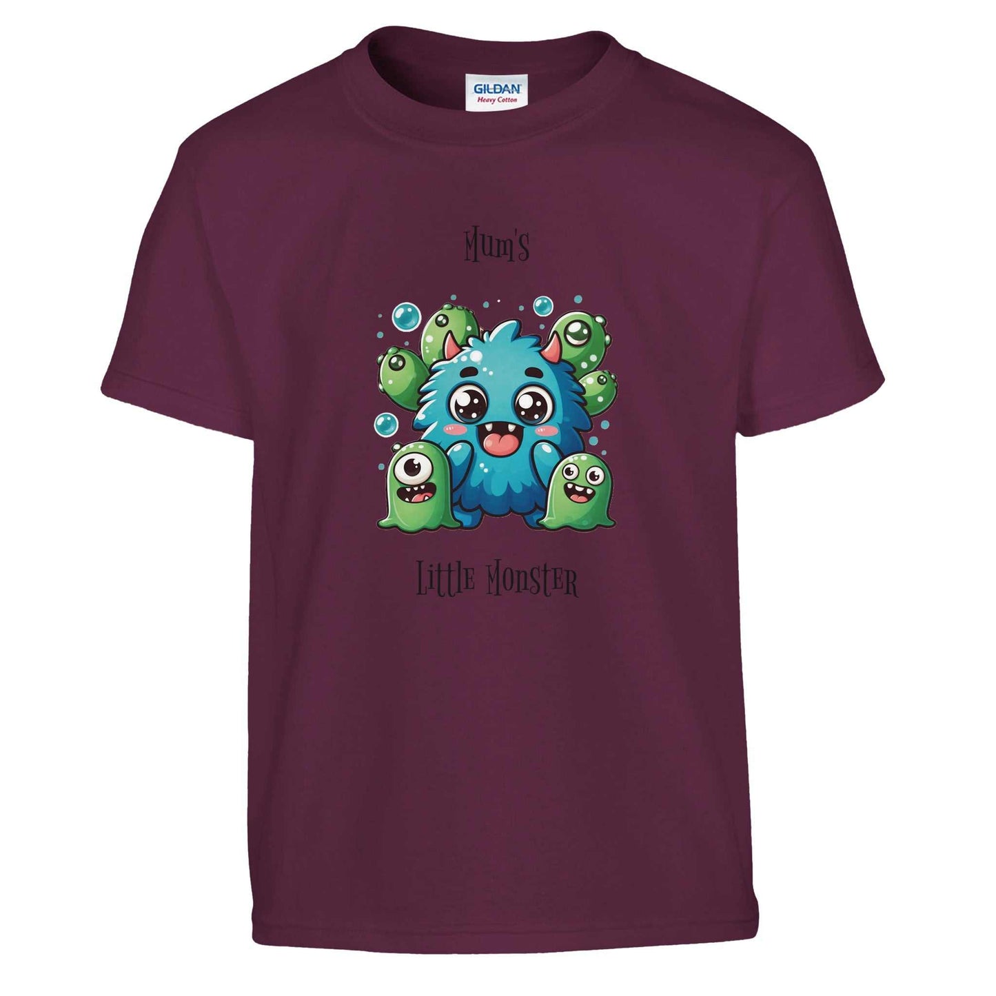 Mum's Little Monster Kids Crewneck T-shirt featuring cute monster graphics.