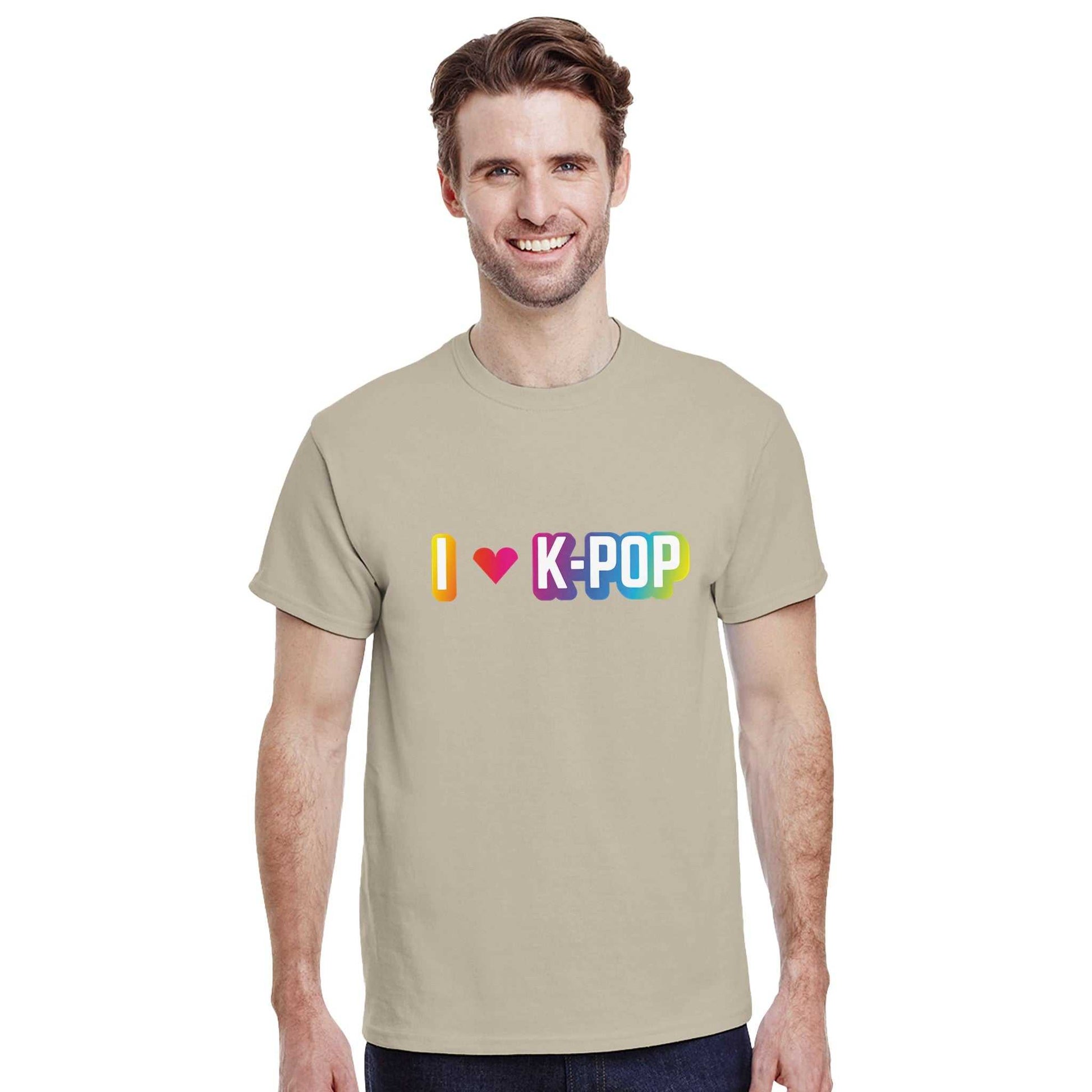 I Love Kpop Crewneck T-shirt on a person, showcasing the colorful design and classic fit.