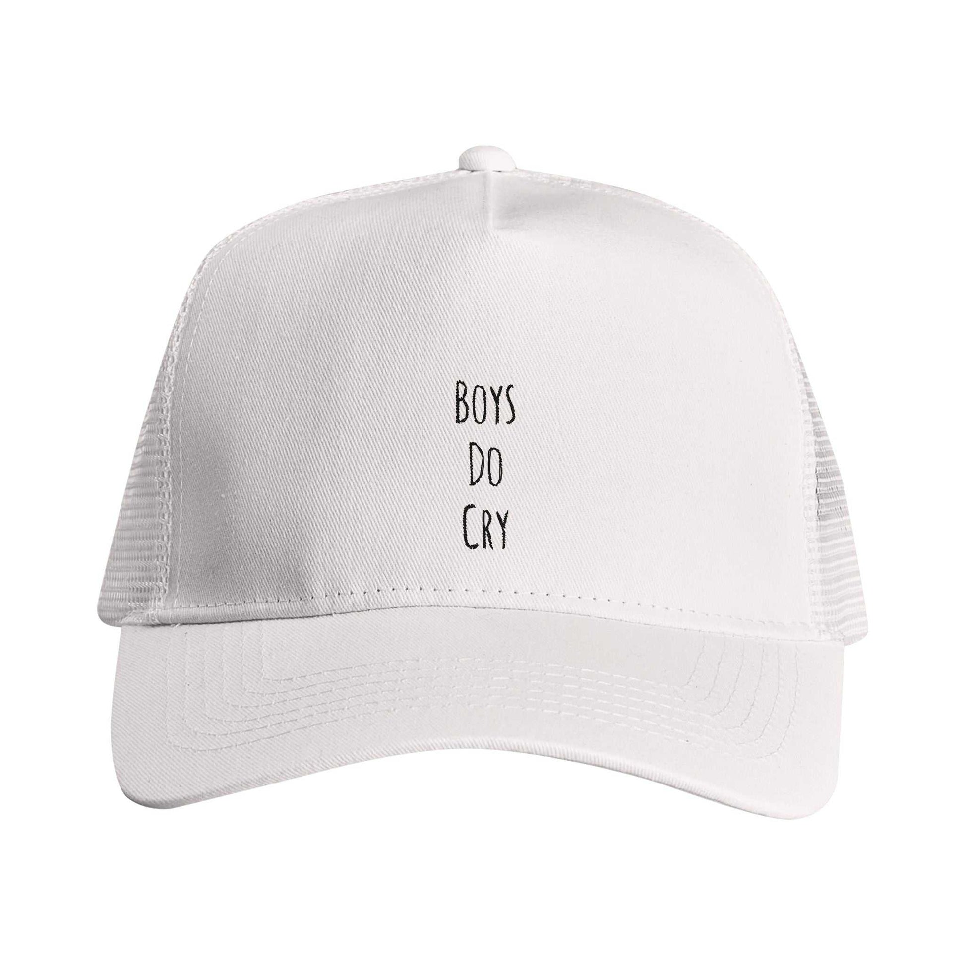 Boys Do Cry embroidered snapback trucker cap with pre-curved peak and mesh panels.