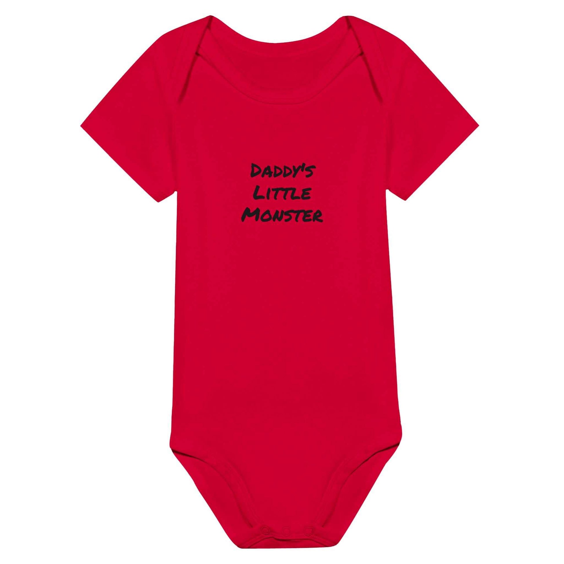 Red baby bodysuit with "Daddy's Little Monster" text, short sleeves, 100% cotton.