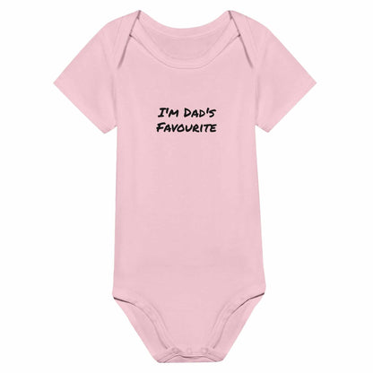 Pink short sleeve baby bodysuit with "I'm Dad's Favourite" print, 100% cotton.