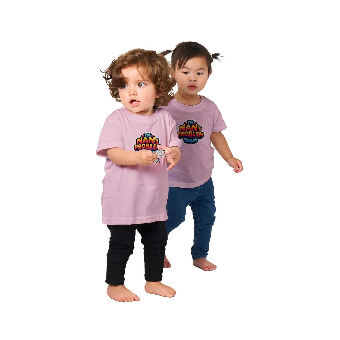 I'm Nan's Problem Today baby crewneck t-shirt; 100% cotton, durable play-date wear.