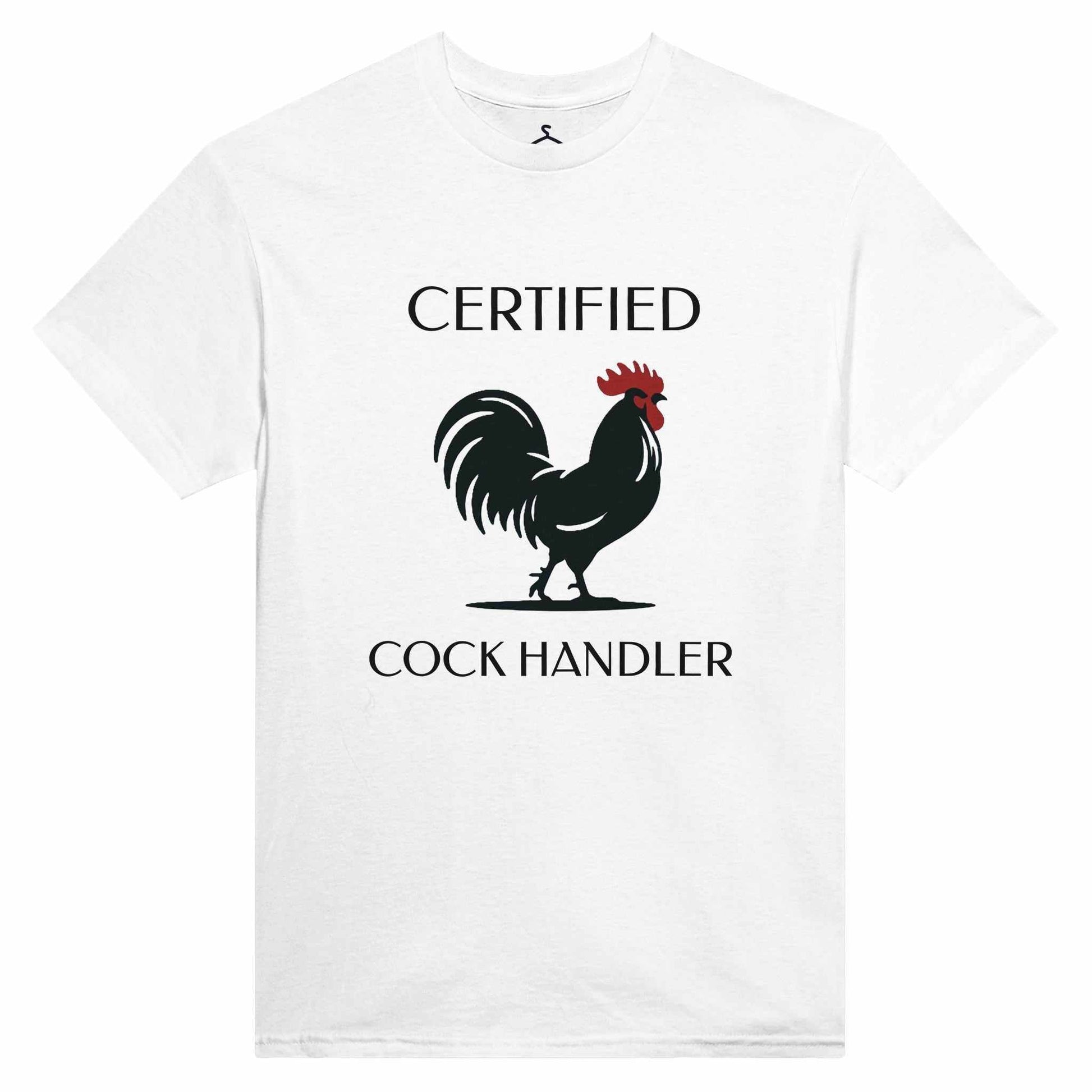 Certified Cock Handler Unisex Crewneck T-shirt, heavyweight cotton, classic fit, durable and comfortable design, white tee featuring a rooster graphic.