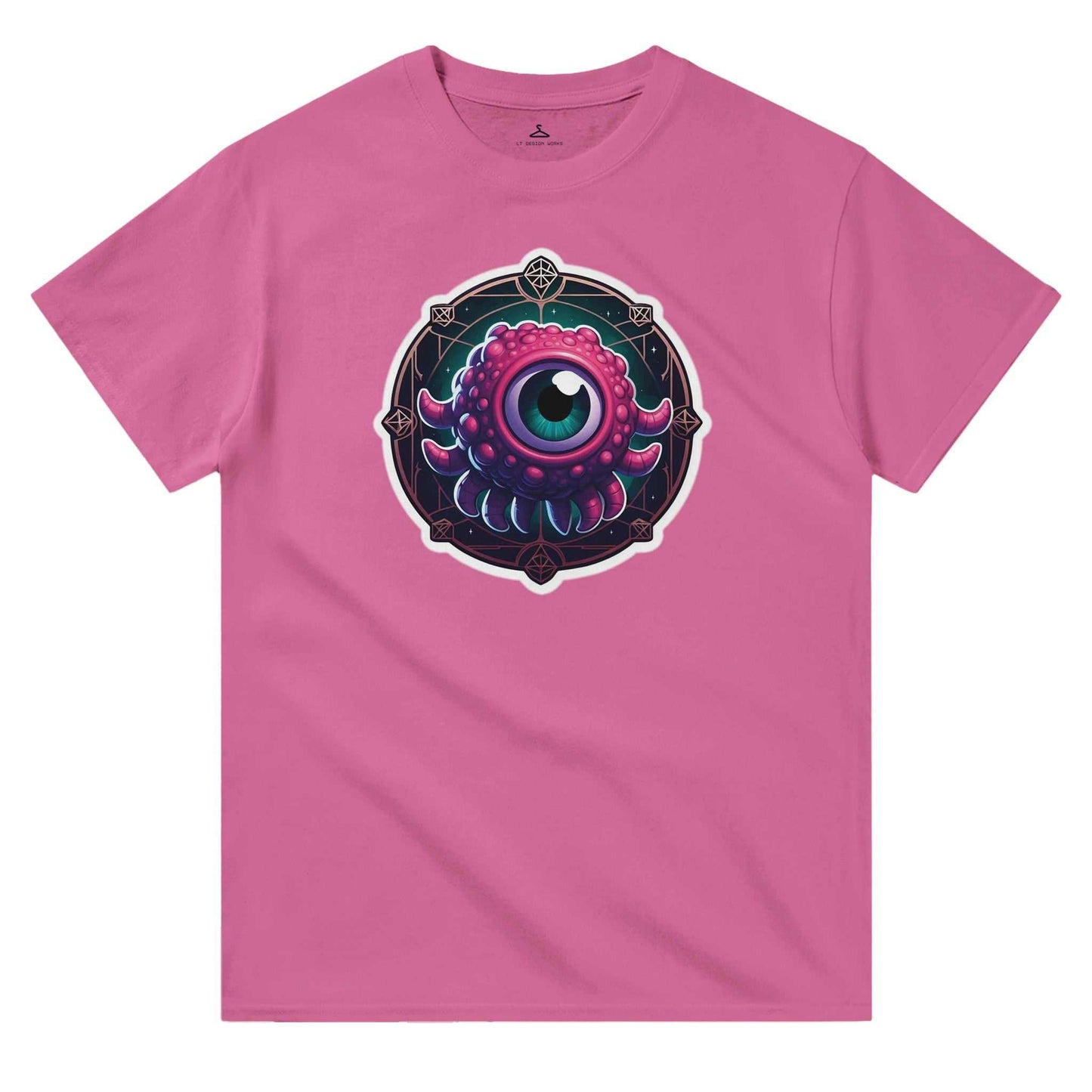 Beholder Men's Crewneck T-shirt in pink with unique eye-catching design. Durable heavyweight cotton, classic fit.