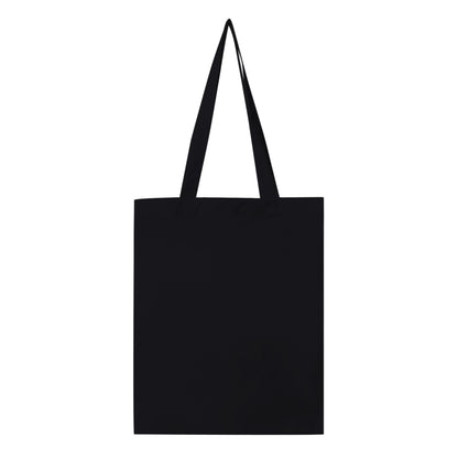 Black premium tote bag with long handles and reinforced stitching, made from 100% cotton.