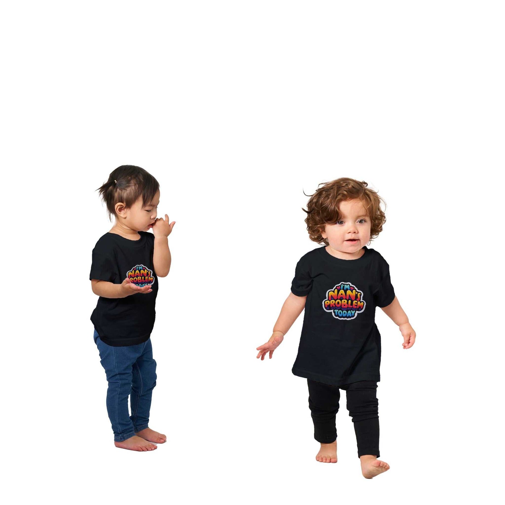 I'm Nan's Problem Today Baby Crewneck T-shirt featuring two toddlers wearing black crewneck tees.