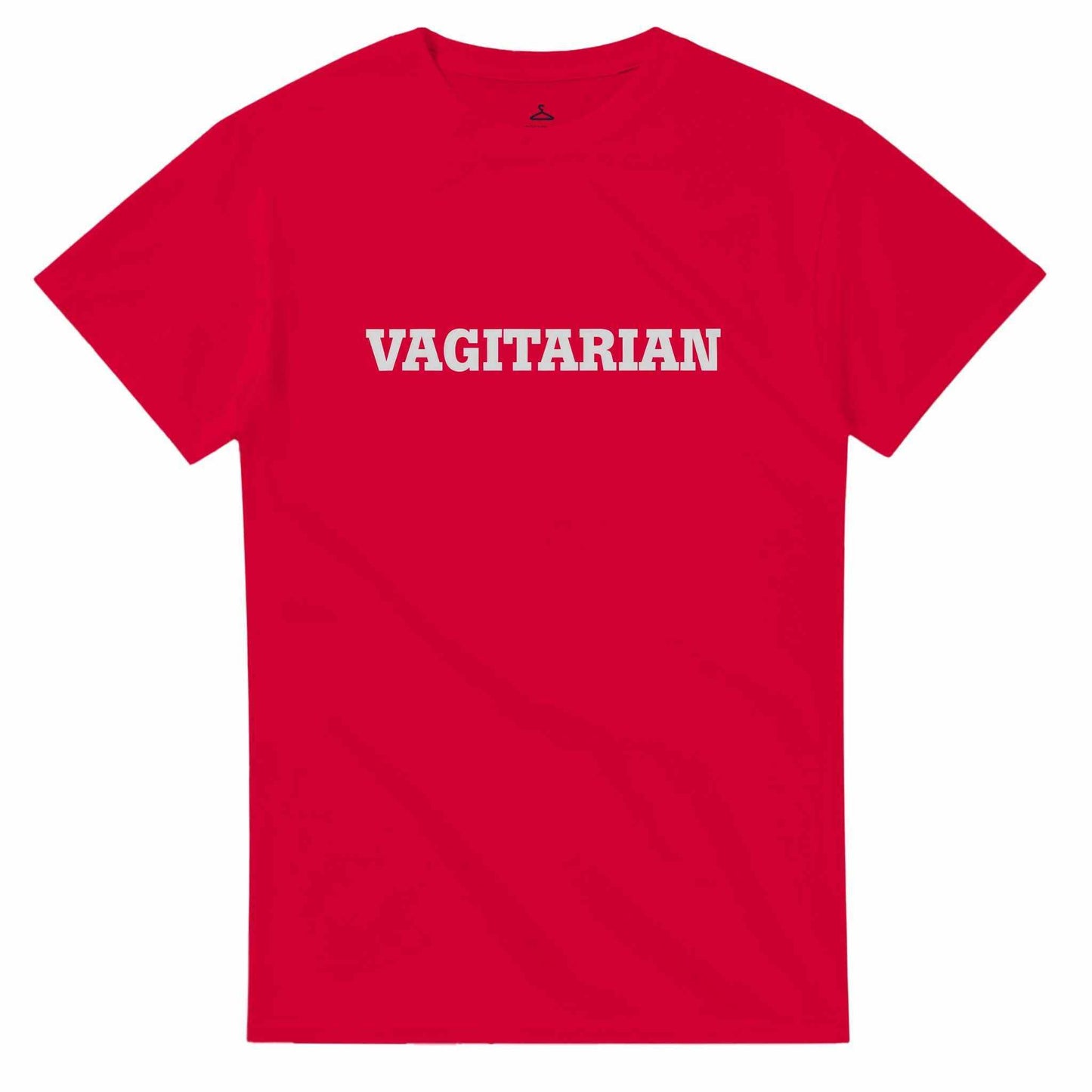 Red "Vagitarian" unisex crewneck t-shirt with white text, classic fit, and durable cotton fabric.