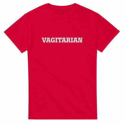 Red "Vagitarian" unisex crewneck t-shirt with white text, classic fit, and durable cotton fabric.