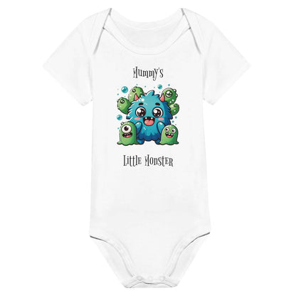 Mummy's Little Monster Classic Baby Short Sleeve Bodysuit in white with cute monster design.