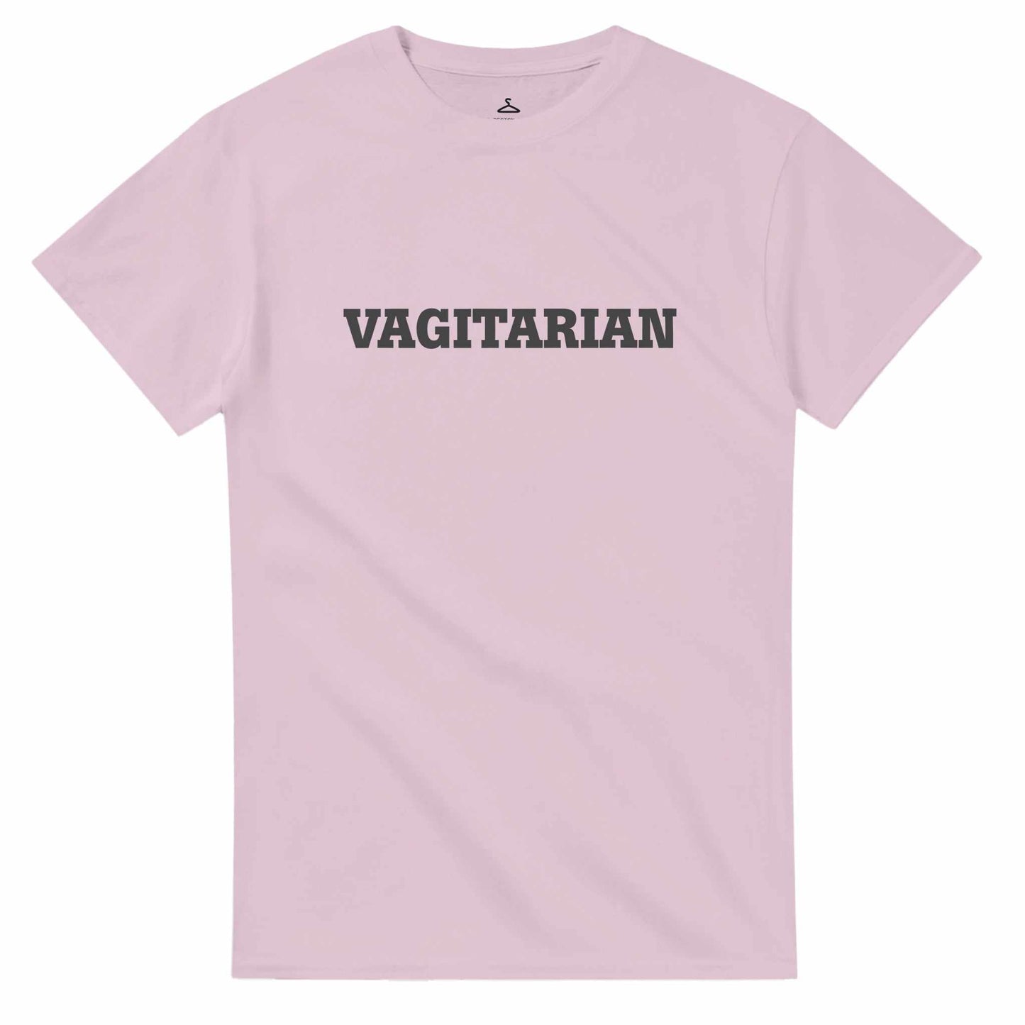 Vagitarian Unisex Crewneck Tshirt in pink with bold black lettering.