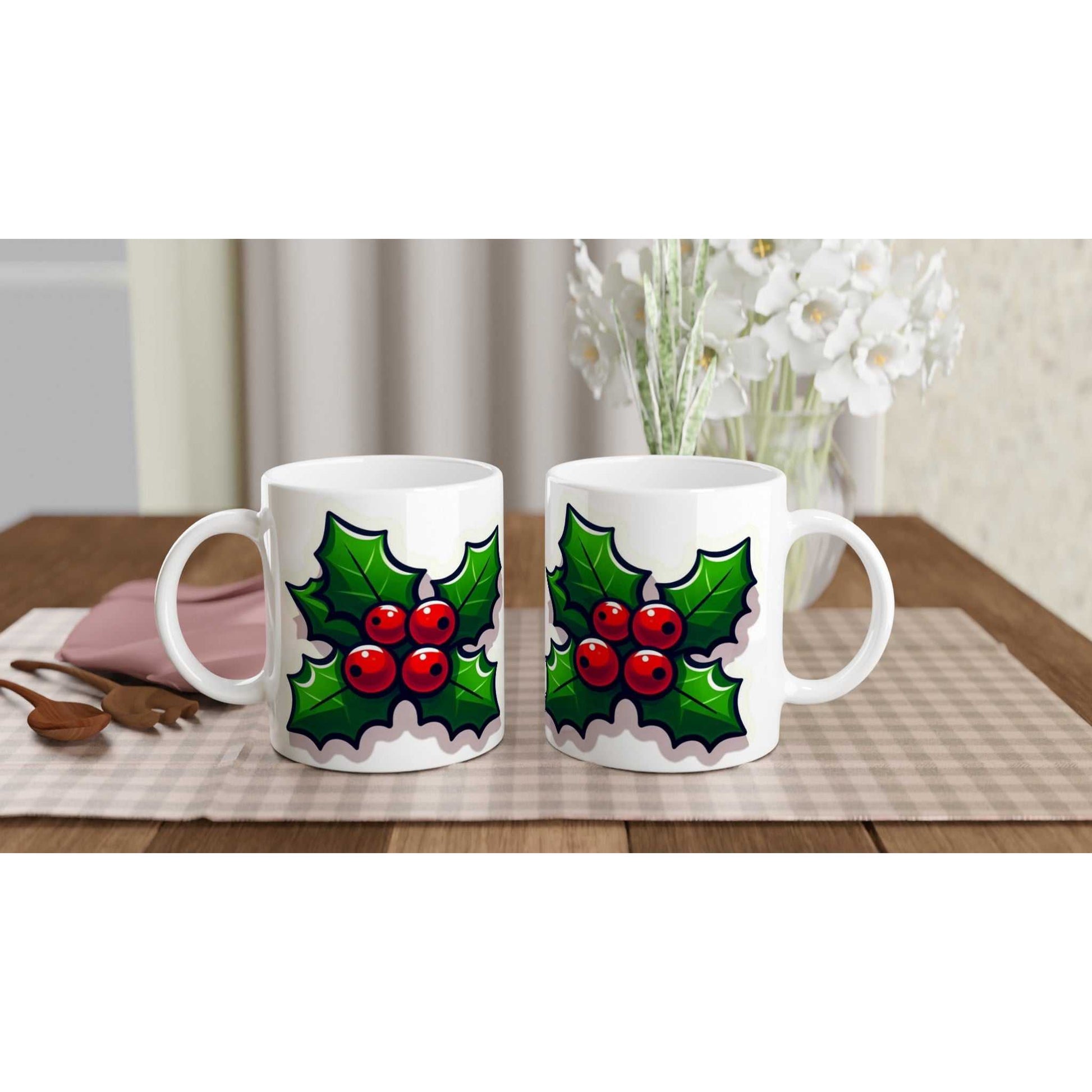 Holly 11oz ceramic mug with glossy finish and holly design, ideal for coffee or hot beverages, dishwasher and microwave safe.