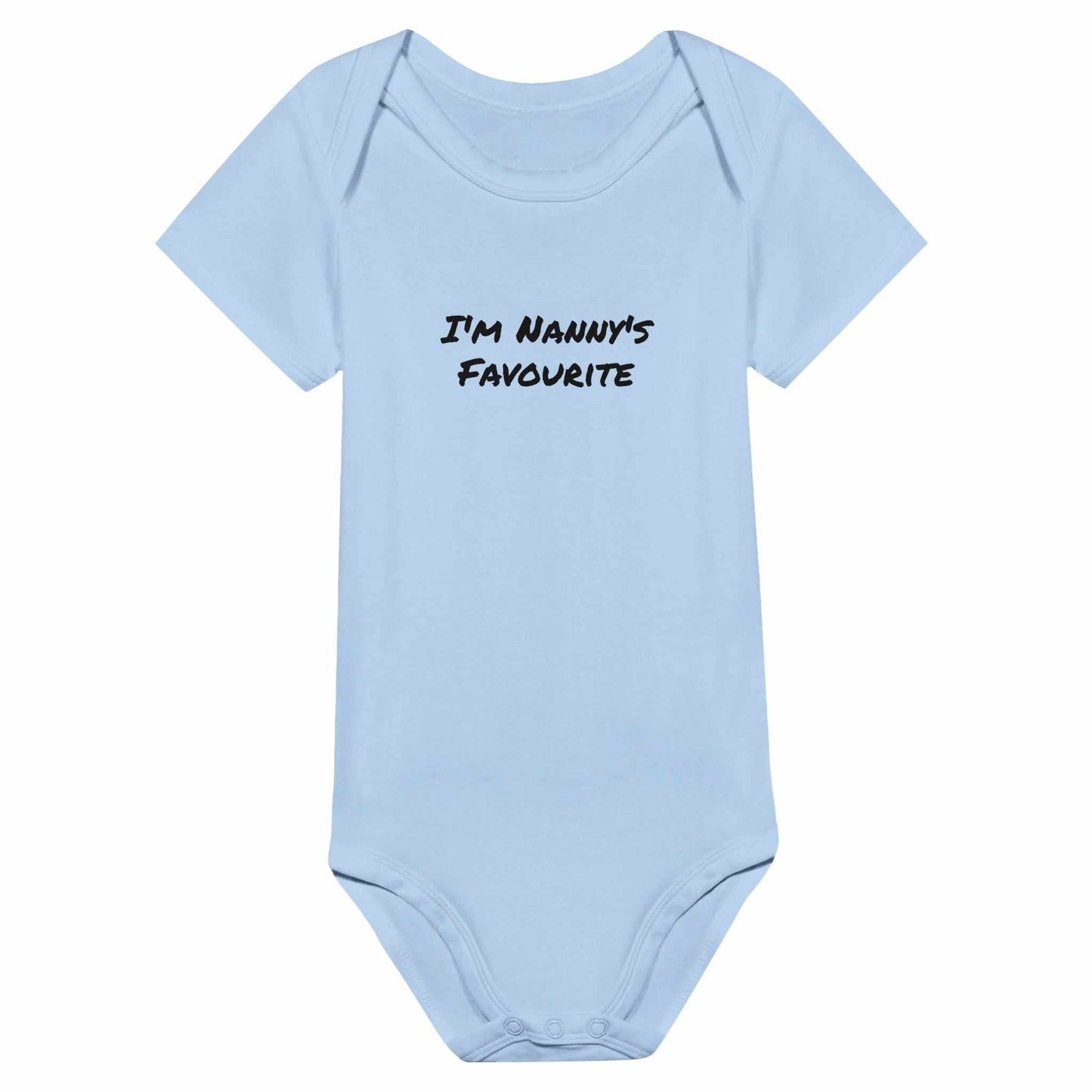 "I'm Nanny's Favourite" classic baby short sleeve bodysuit in light blue.