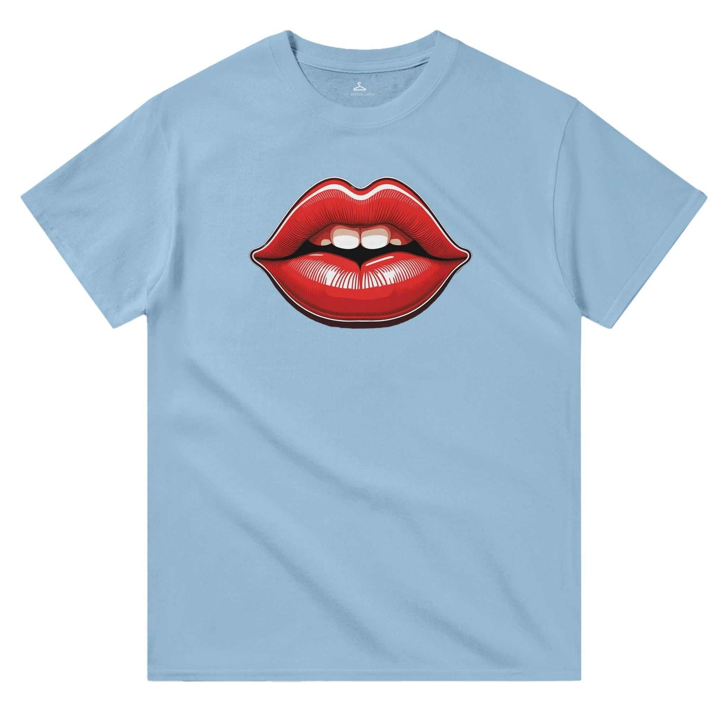 Blue crewneck t-shirt with a large printed red lips design on the front.