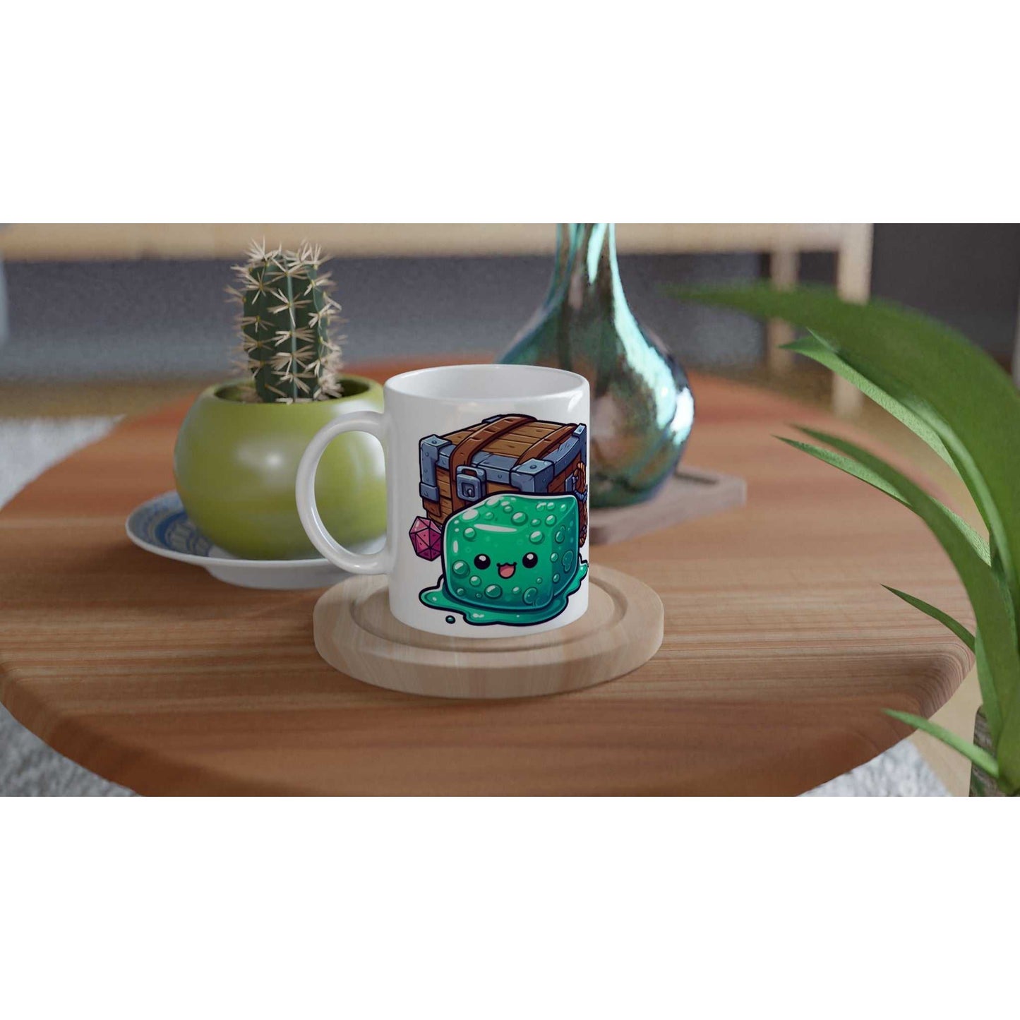 Mimic 11oz ceramic mug with colorful print on wooden table.