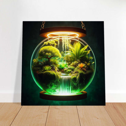 Save The Wild Canvas print featuring lush greenery and cascading waterfall in a glass orb; eco-friendly and immersive art experience.