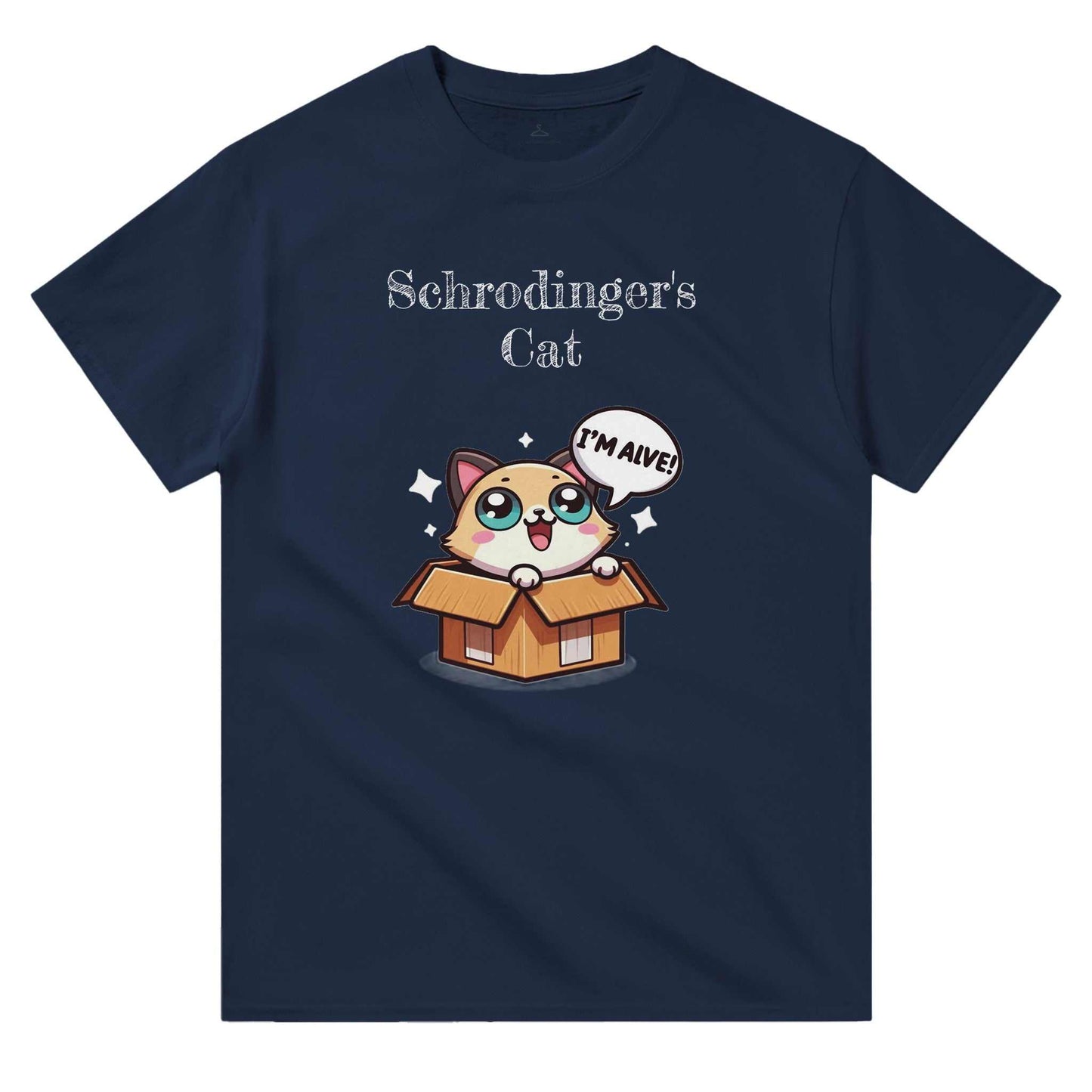 Schrodinger's Cat Crewneck T-shirt with cartoon cat design and "I'm Alive" speech bubble.