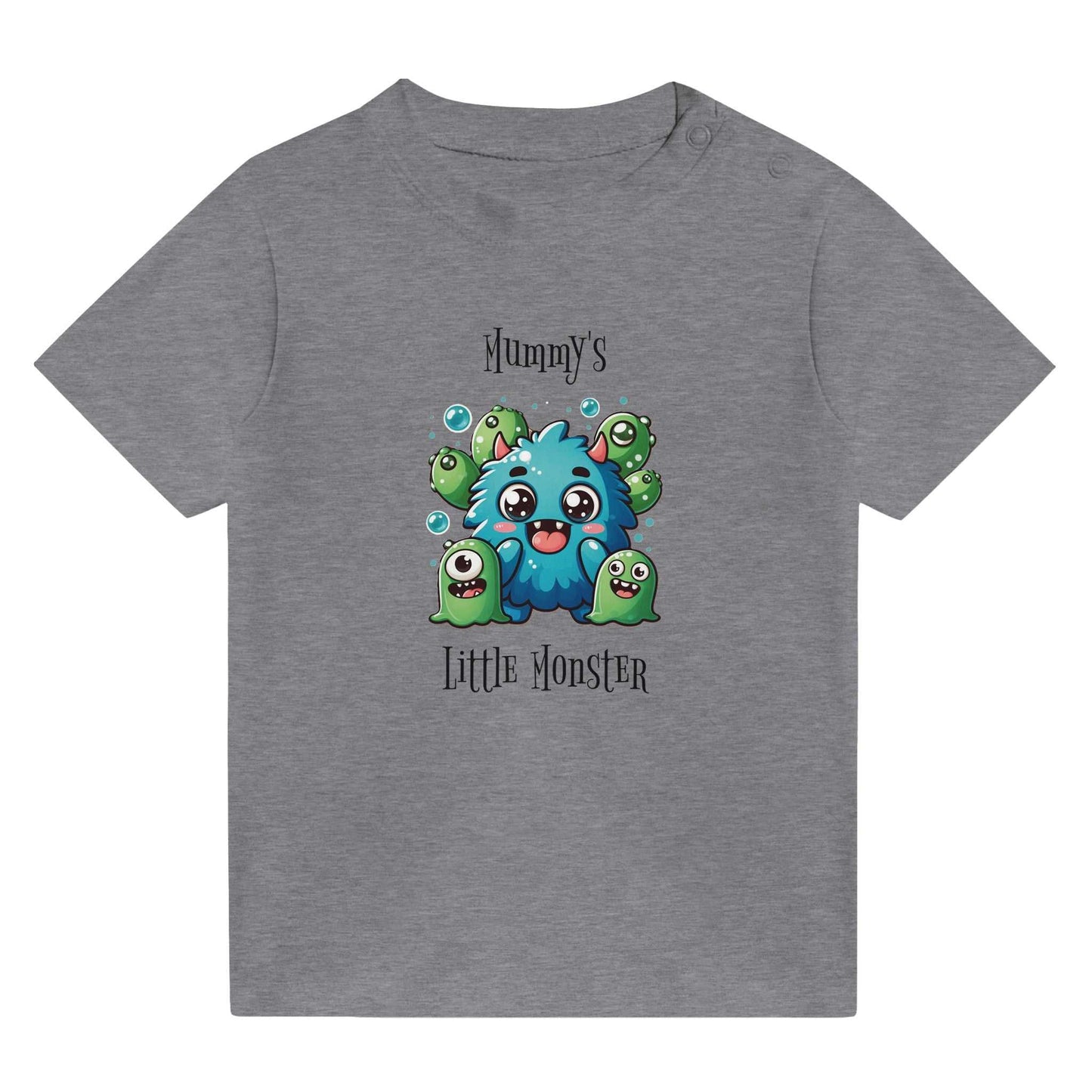 Mummy's Little Monster Baby Crewneck T-shirt, gray, 100% cotton, featuring cute monsters design.