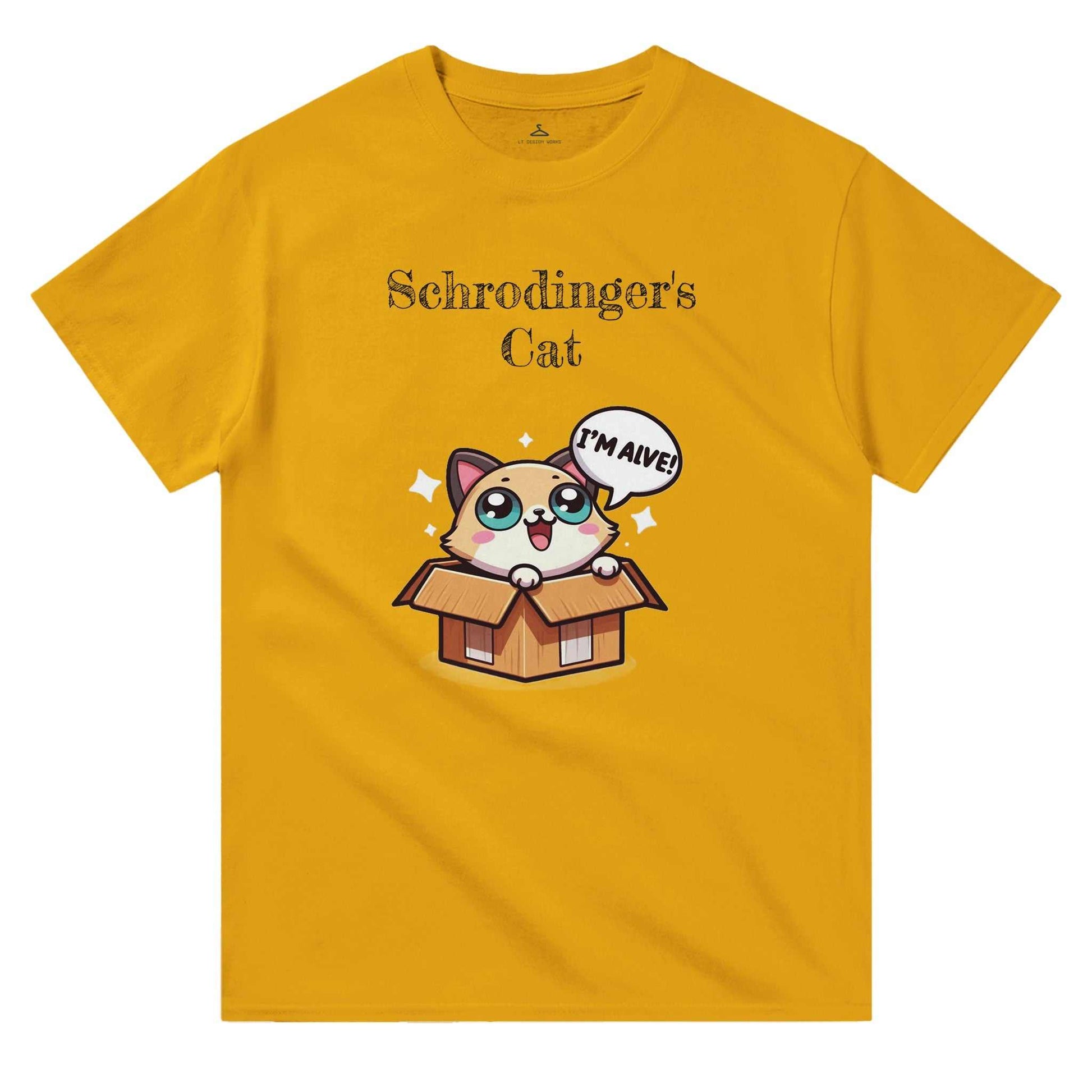 Schrodinger's Cat Crewneck T-shirt, yellow cotton with humorous cat box design.