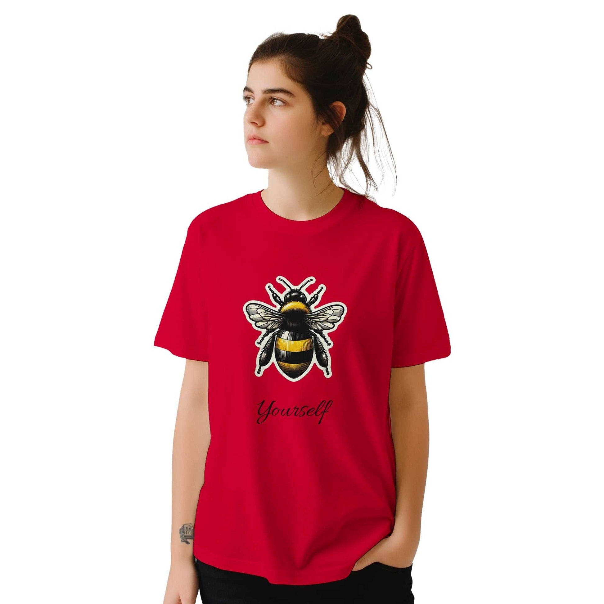 Bee Yourself red crewneck T-shirt with bee graphic, 100% preshrunk cotton, seamless double-needle collar.