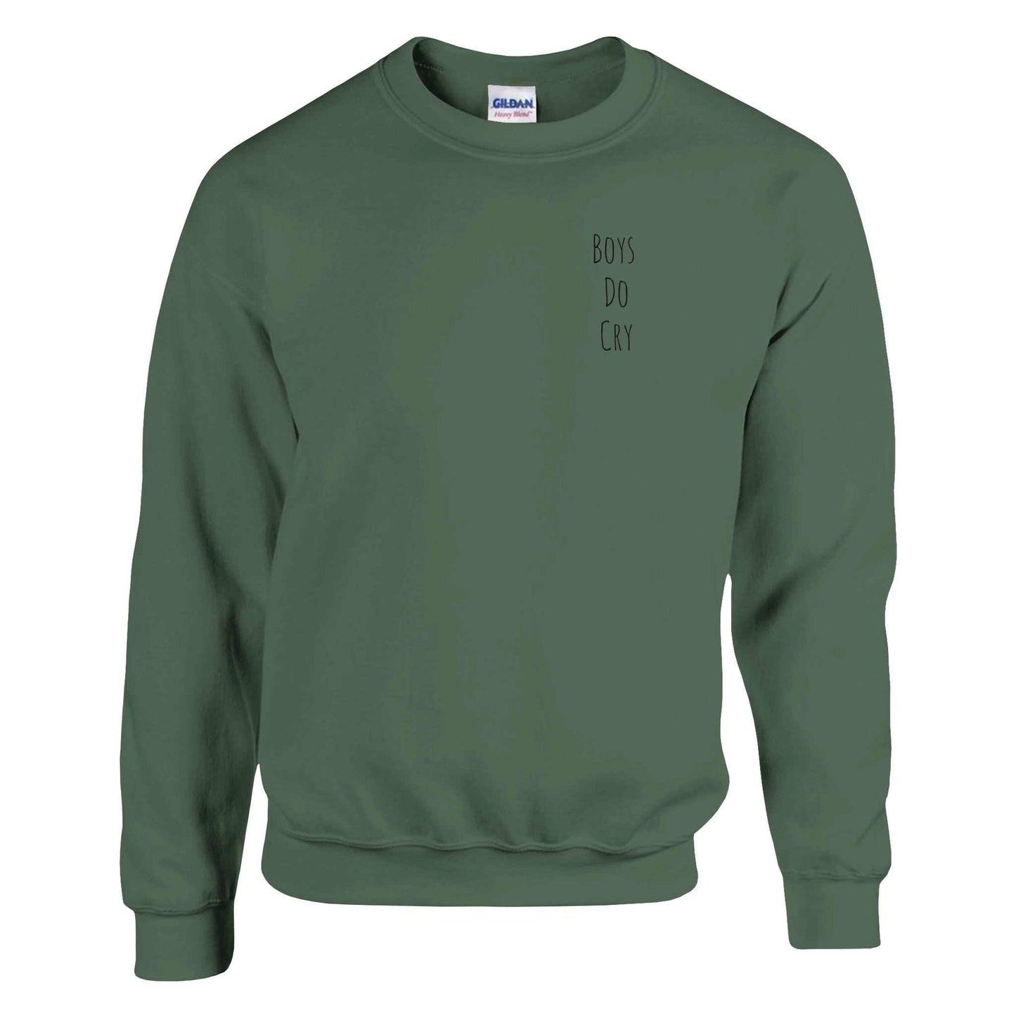 Boys Do Cry printed classic crewneck sweatshirt in dark green, soft cotton-polyester blend.