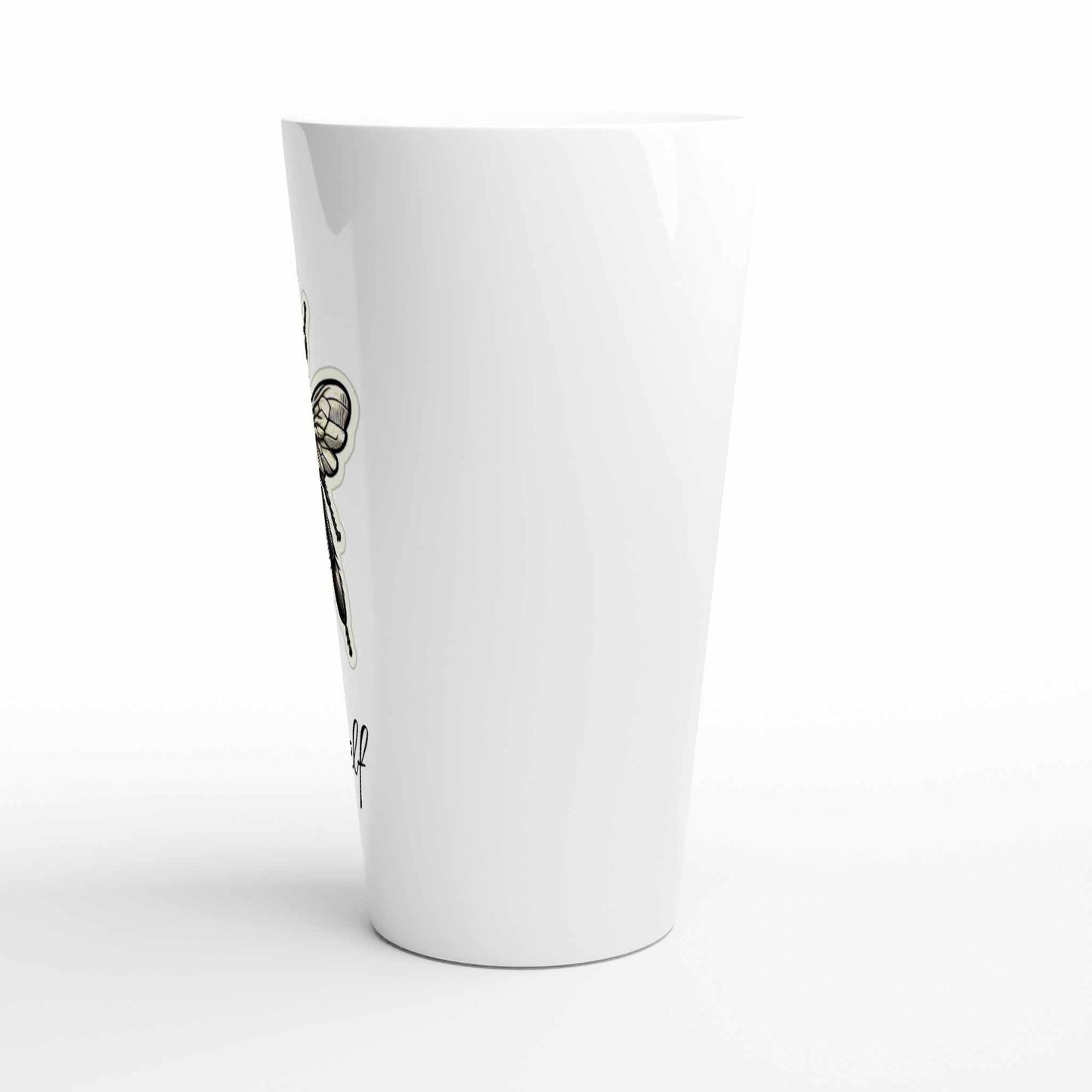 White 17oz ceramic latte mug with bee design, dishwasher and microwave safe.