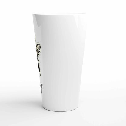 White 17oz ceramic latte mug with bee design, dishwasher and microwave safe.