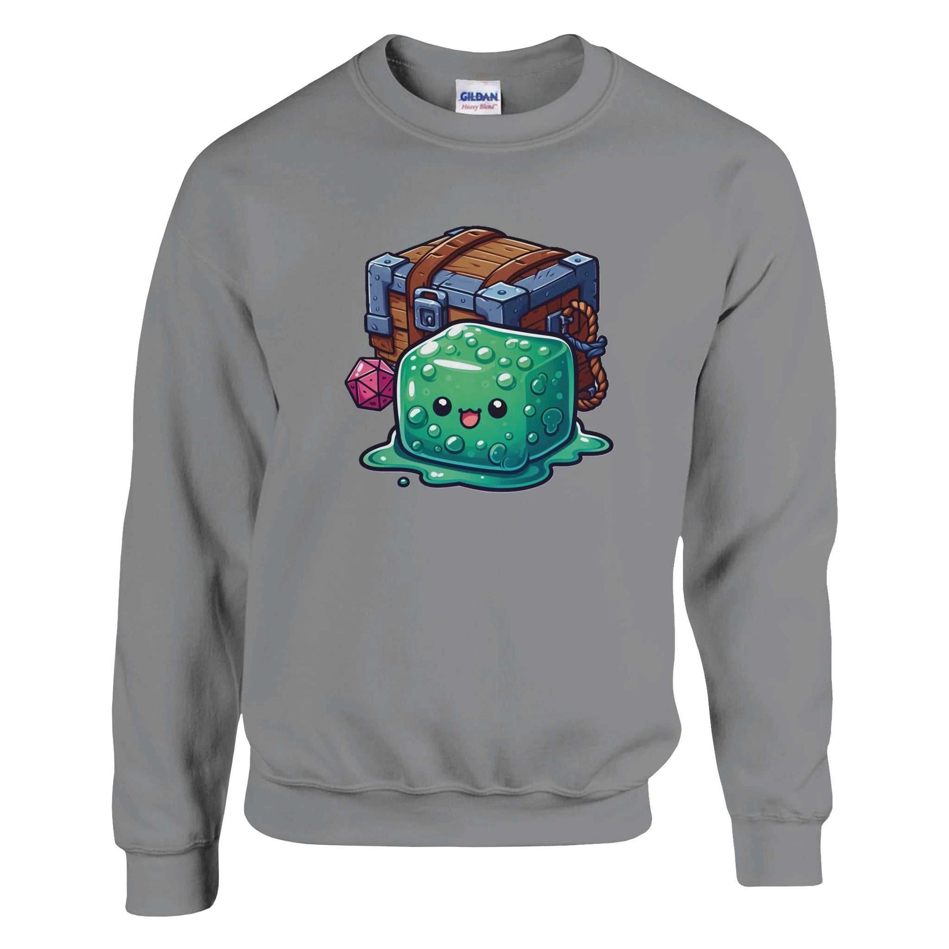 Gelatinous Cube and Mimic Women's Crewneck Sweatshirt, soft cotton-polyester blend, featuring whimsical design.