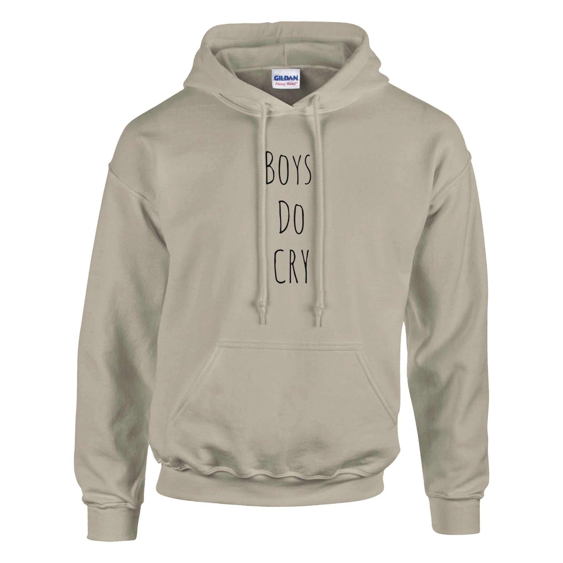 Beige hoodie with "Boys Do Cry" text, classic pullover style, cotton-polyester blend.