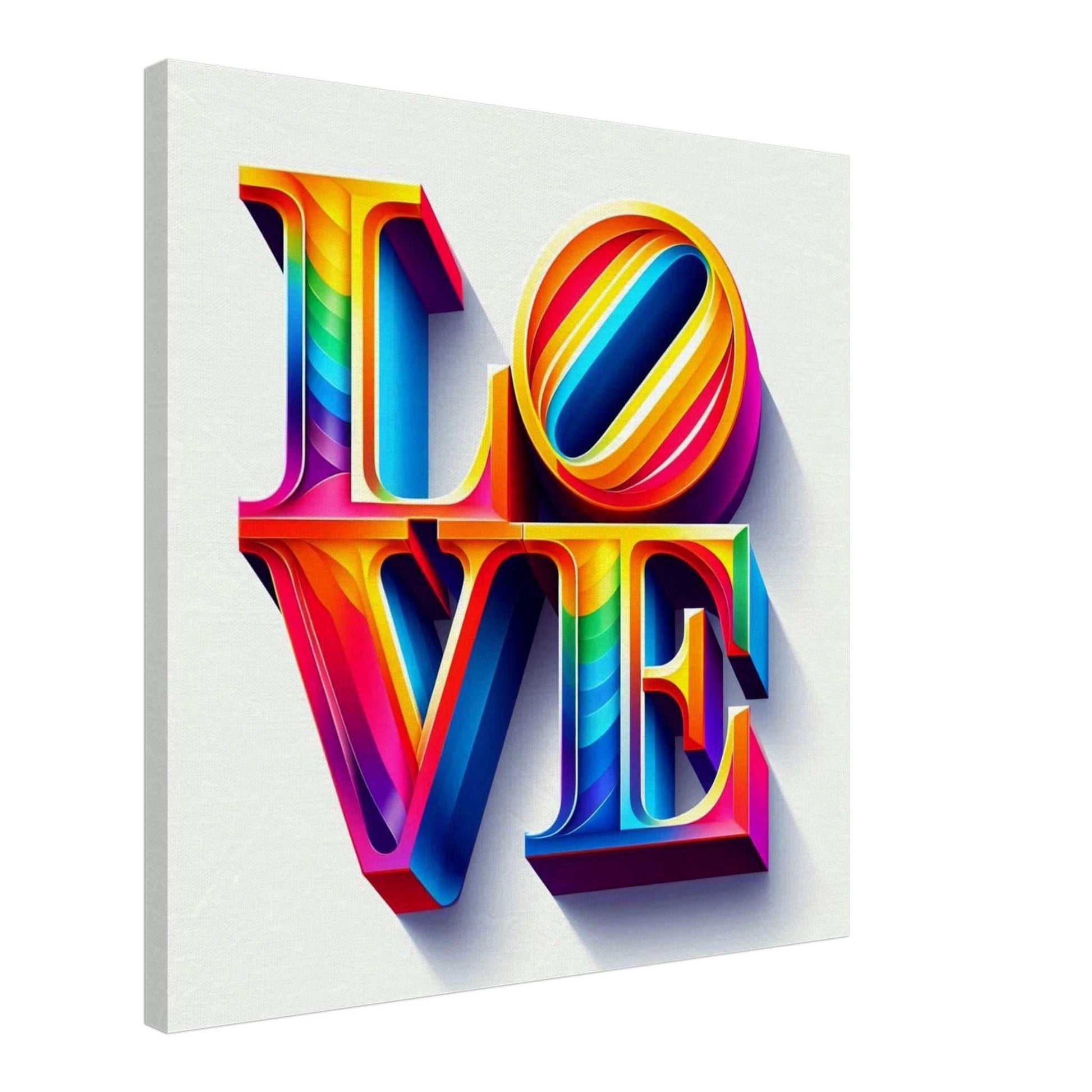 Colorful "Love" text canvas with bold 3D lettering on white background, featuring cotton and polyester blend texture.