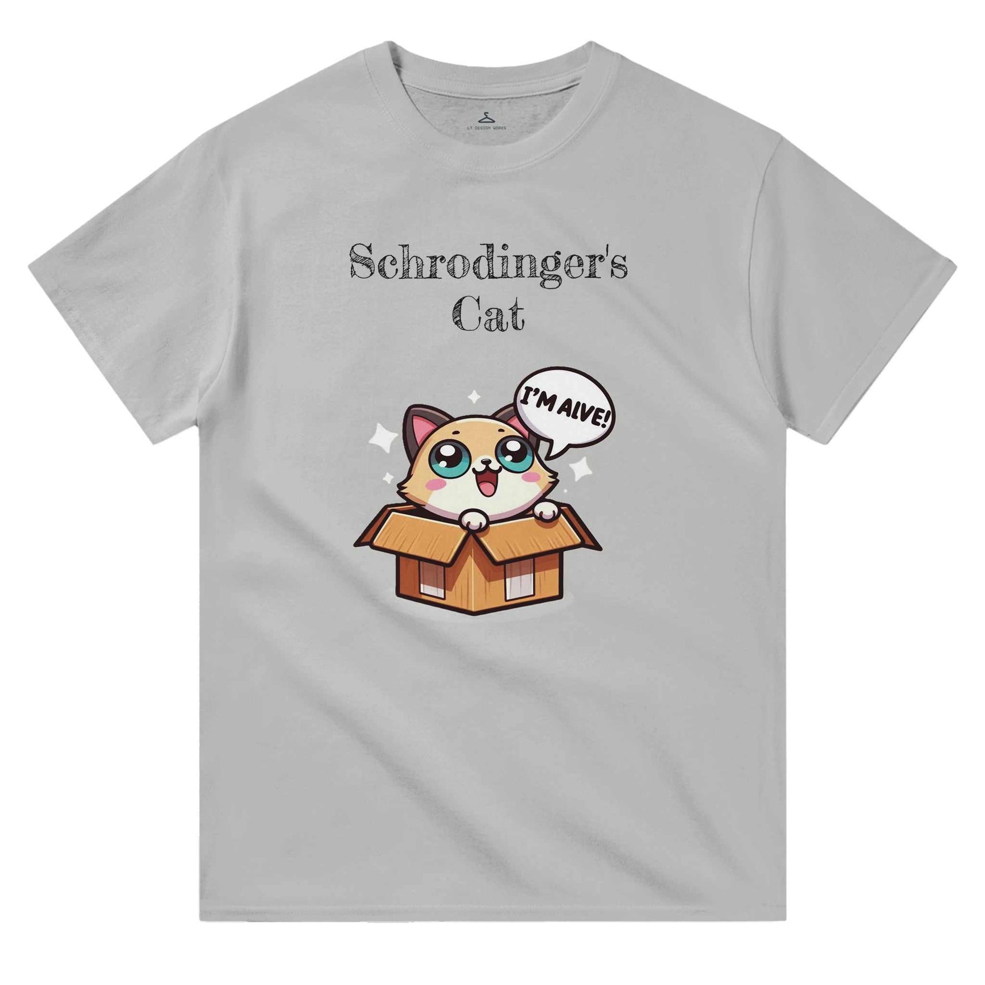 Schrodinger's Cat Crewneck T-shirt with humorous cat design on gray cotton fabric.