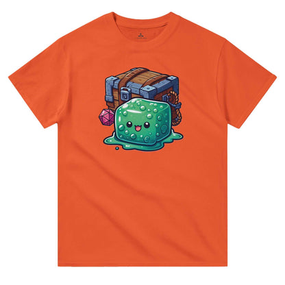 Gelatinous Cube and Mimic design on men's crewneck t-shirt, vibrant orange, durable cotton.