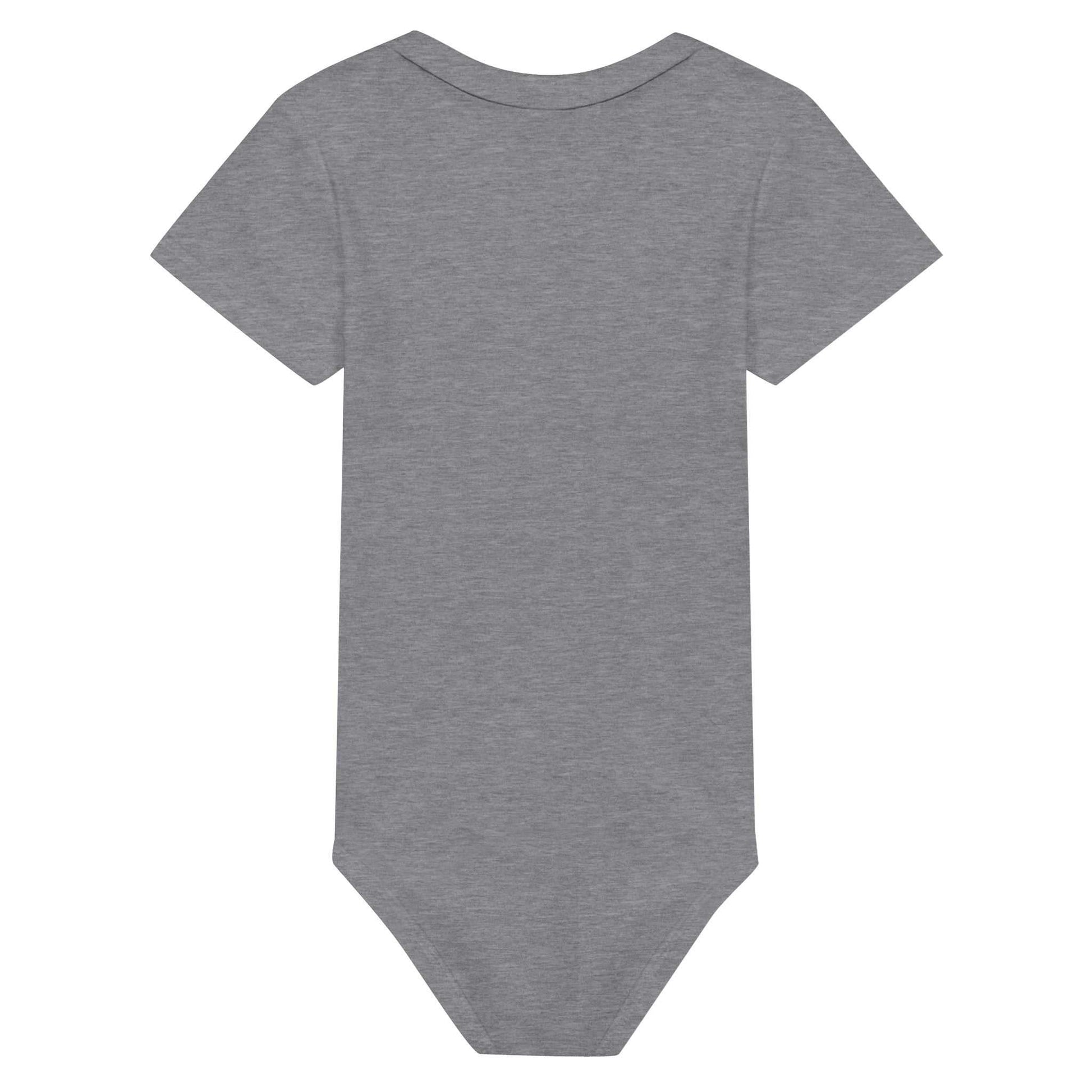 Grey short sleeve baby bodysuit with crewneck design.