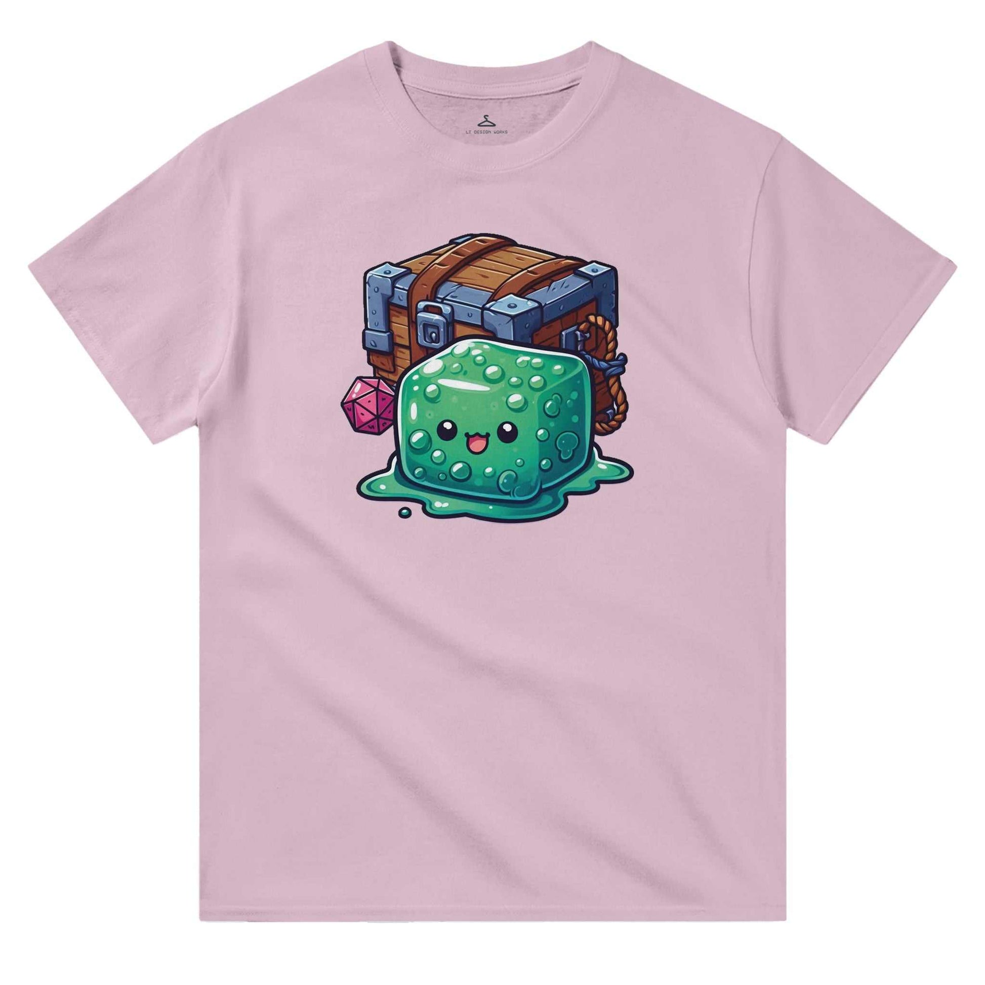 Gelatinous Cube and Mimic design on men's crewneck t-shirt.