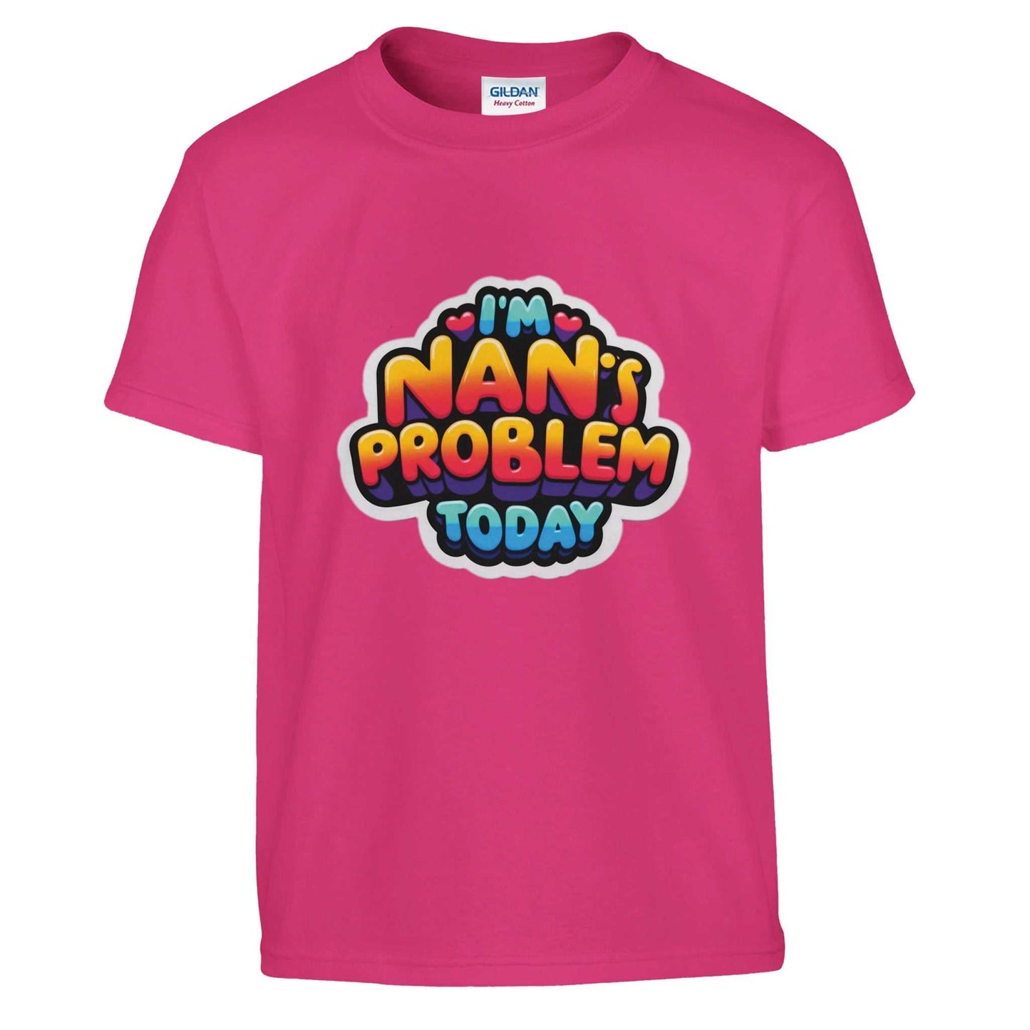 Kids crewneck t-shirt with "I'm Nan's Problem Today" graphic, unisex design, soft heavyweight fabric.