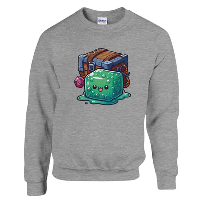 Men's crewneck sweatshirt featuring a gelatinous cube and mimic design, crafted from a soft cotton-polyester blend.