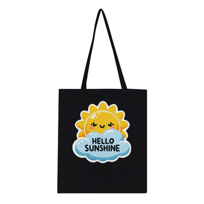 Black cotton tote bag with "Hello Sunshine" design and long handles.