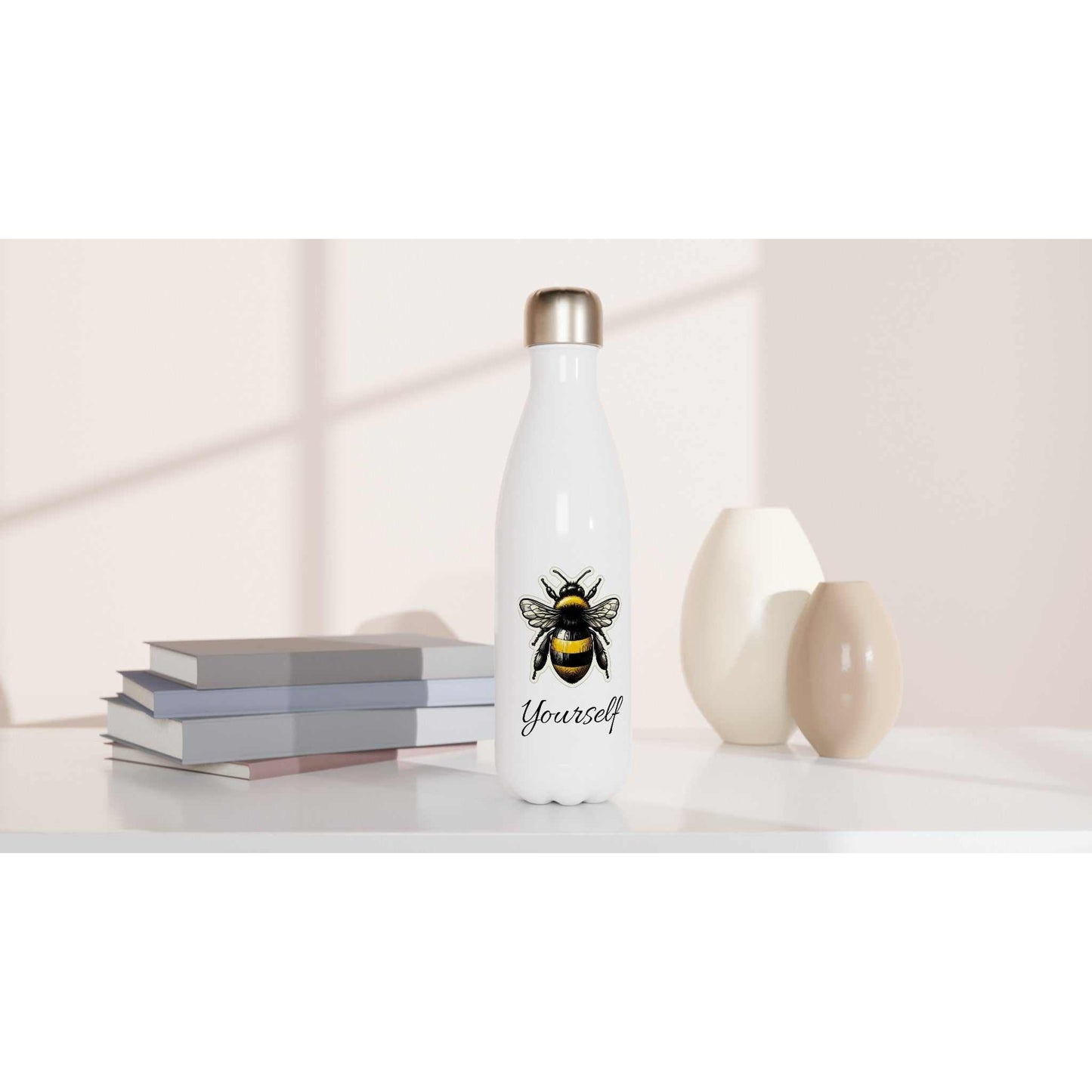 White 17oz stainless steel water bottle with bee and "Yourself" design, double-wall insulated.