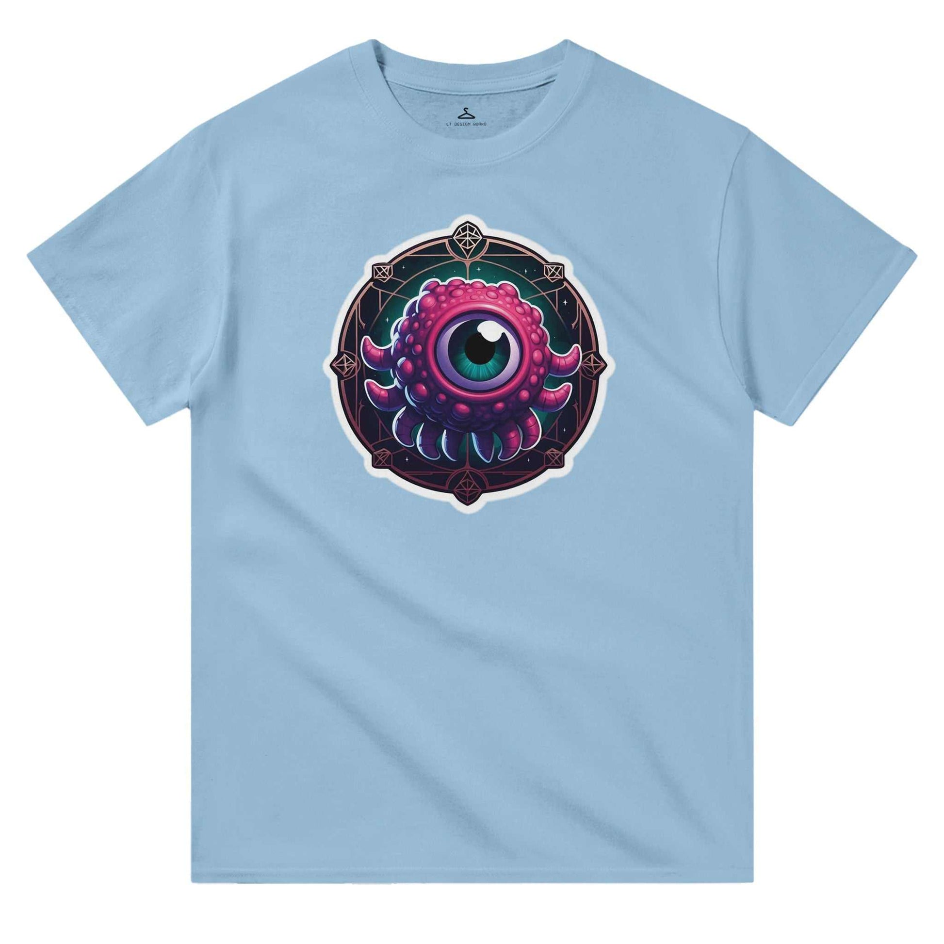 Beholder Men's Crewneck T-shirt in blue with eye graphic, heavyweight cotton, classic fit.