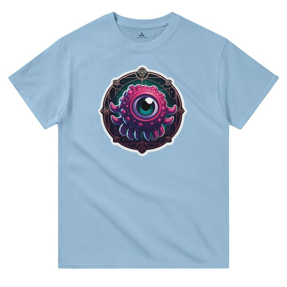 Beholder Men's Crewneck T-shirt in blue with eye graphic, heavyweight cotton, classic fit.