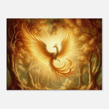 Phoenix Flight Canvas featuring a vibrant phoenix in flight, surrounded by ethereal golden light and trees.