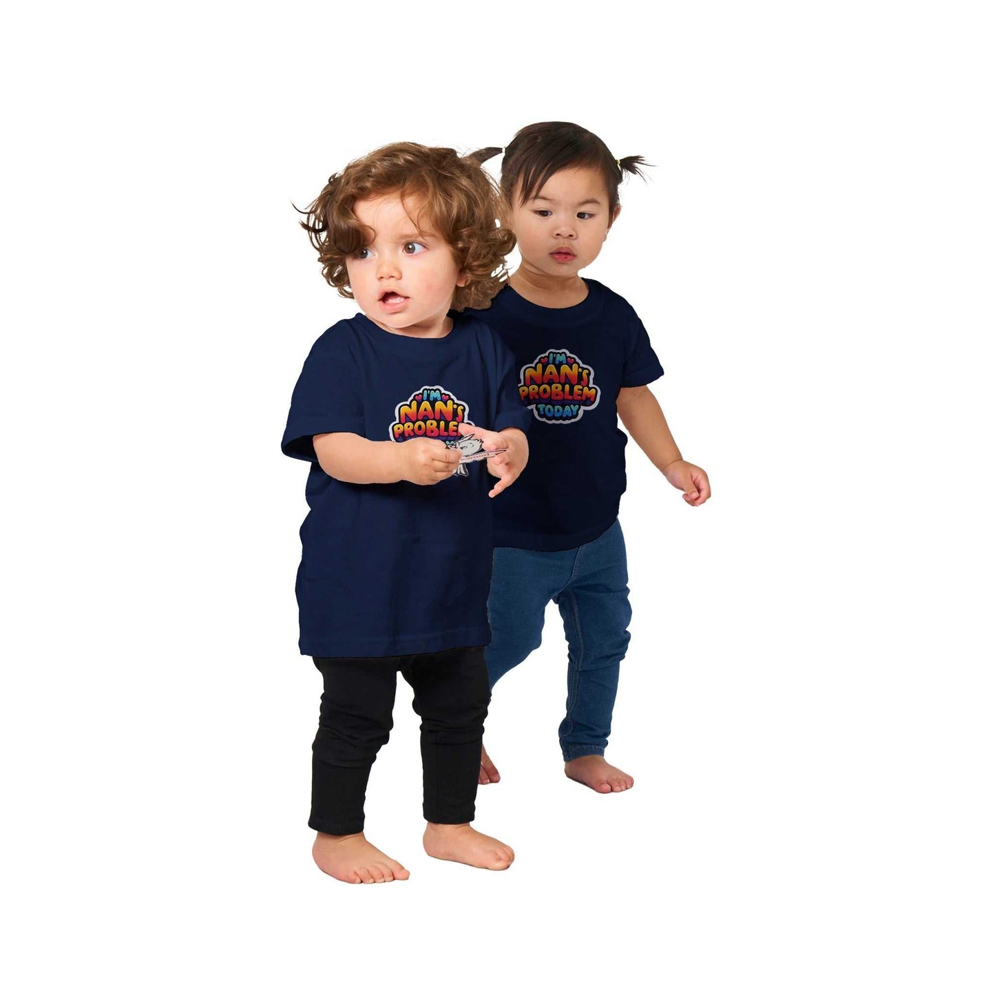 Kids wearing "I'm Nan's Problem Today" baby crewneck t-shirts in navy, comfortable and stylish 100% cotton.