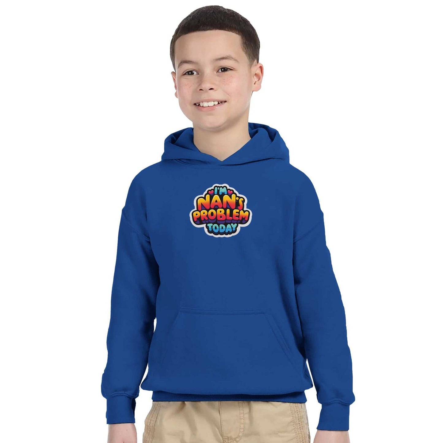 Kids blue pullover hoodie with "I'm Nan's Problem Today" text, double-lined hood, front pouch pocket.